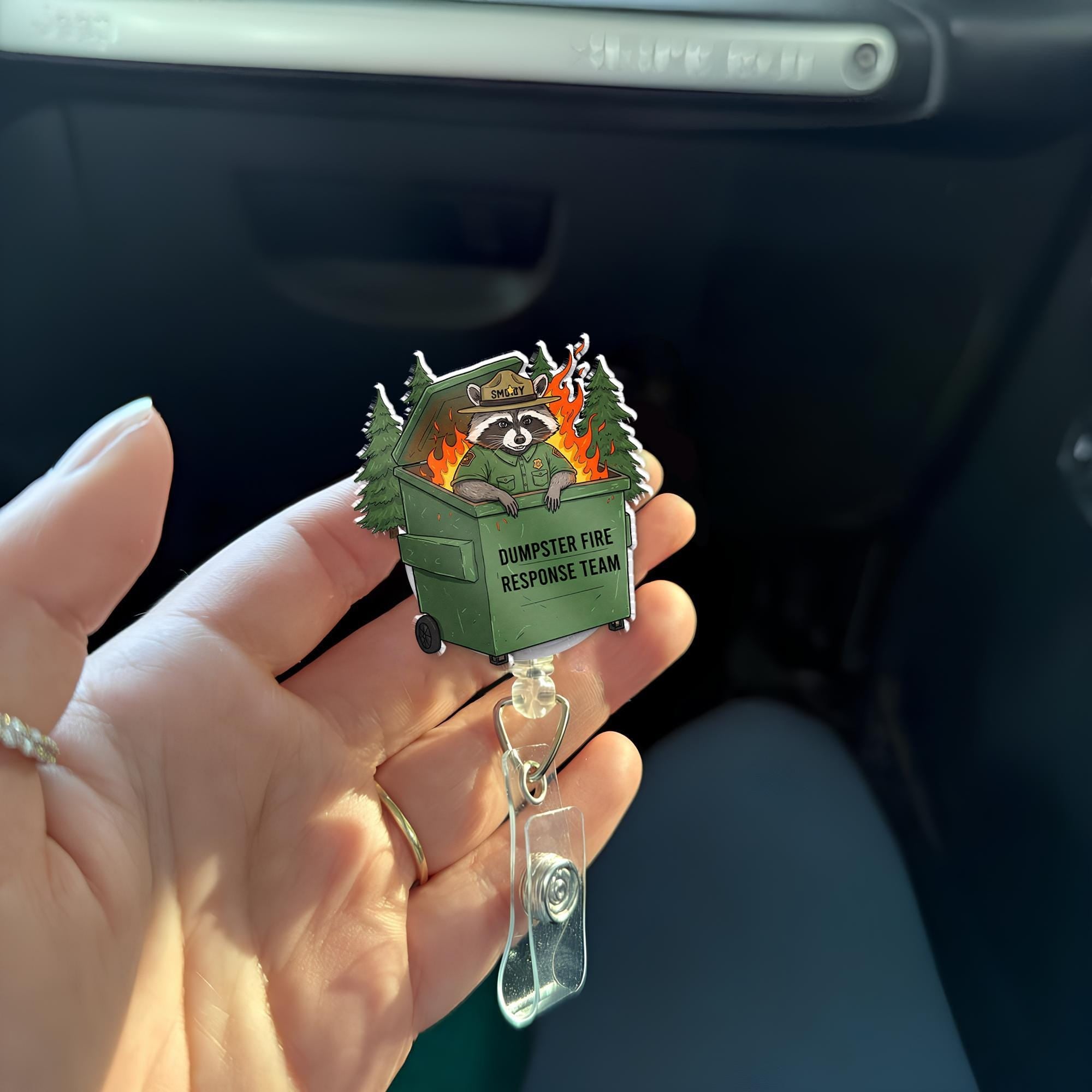 Dumpster Fire Response Team Badge Reel, Funny Raccoon This is Fine ID Holder, Perfect for Nurses & Coworkers, Humorous Gift