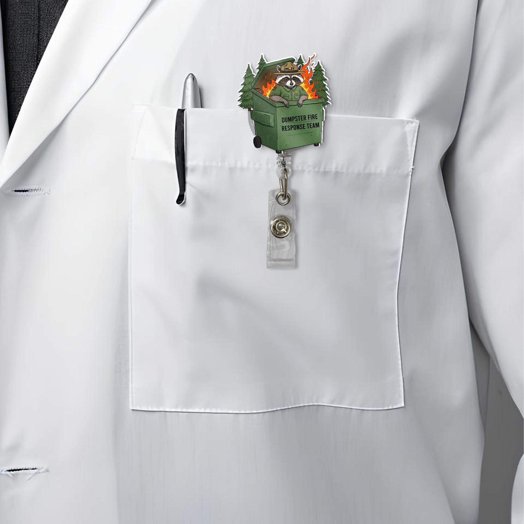 Dumpster Fire Response Team Badge Reel, Funny Raccoon This is Fine ID Holder, Perfect for Nurses & Coworkers, Humorous Gift