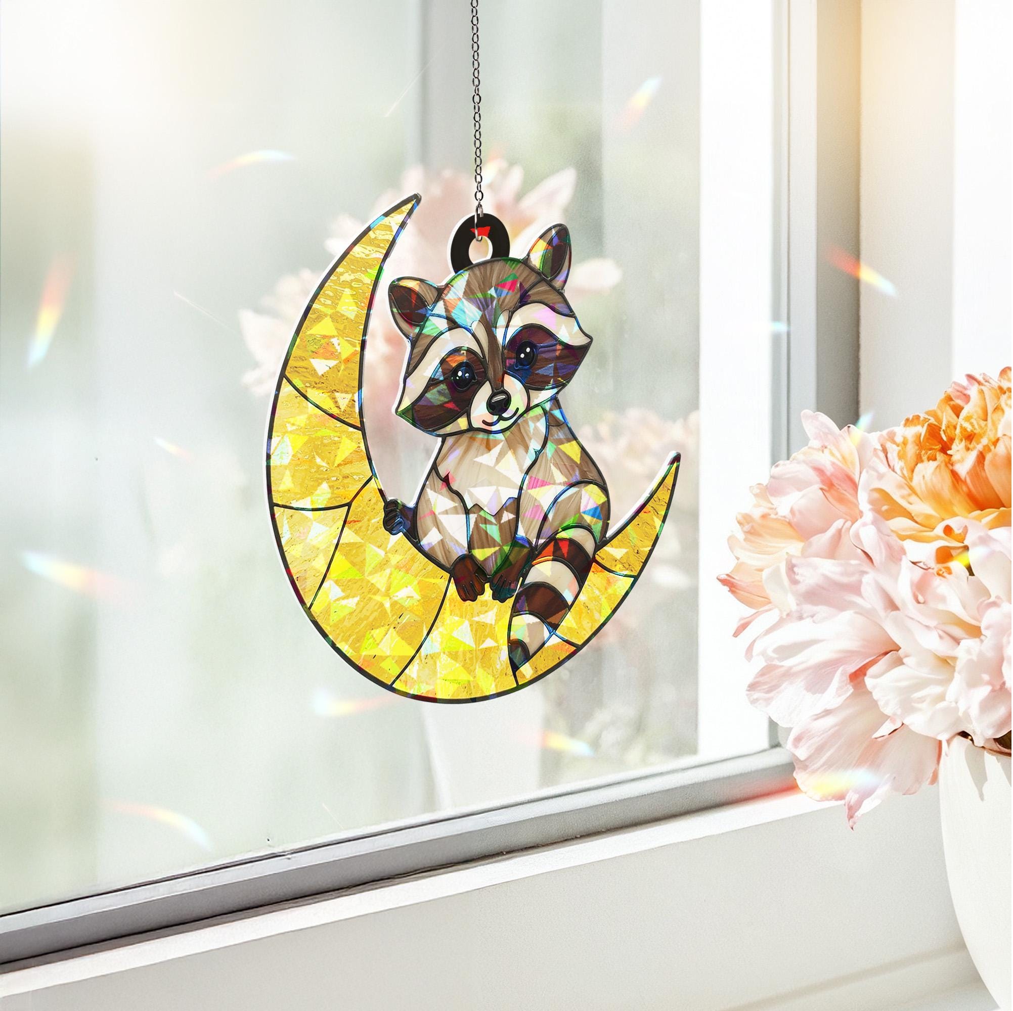 Raccoon On Moon Hologram Ornament, Raccoon ACRYLIC Window Hanging, Gift for Raccoon Lover, Moon Decor, Raccoon Gift, Raccoon Home Decor