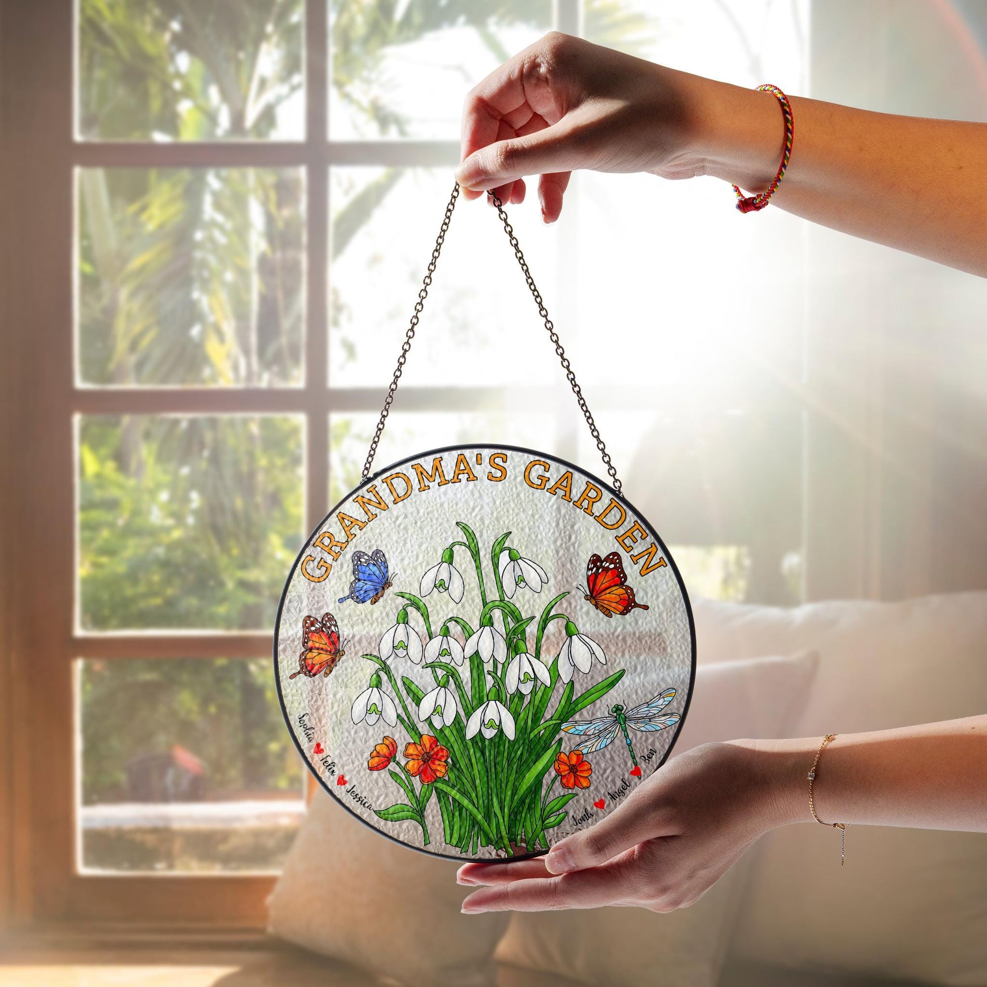 Personalized Grandma's Garden Suncatcher, Custom Names Window Hanging, Gift for Grandma, Floral Butterfly Glass Art Decor, Snowdrop Lover