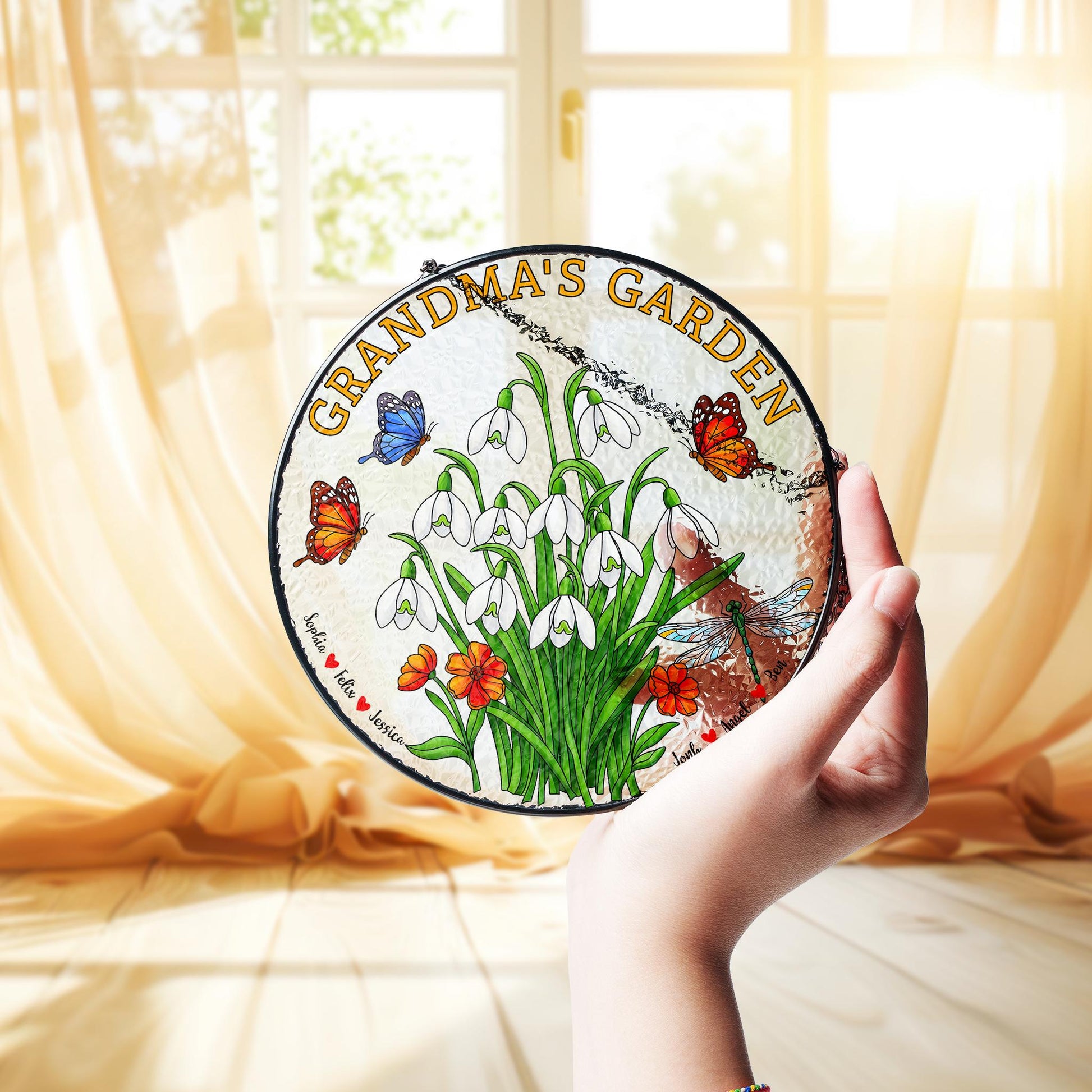 Personalized Grandma's Garden Suncatcher, Custom Names Window Hanging, Gift for Grandma, Floral Butterfly Glass Art Decor, Snowdrop Lover