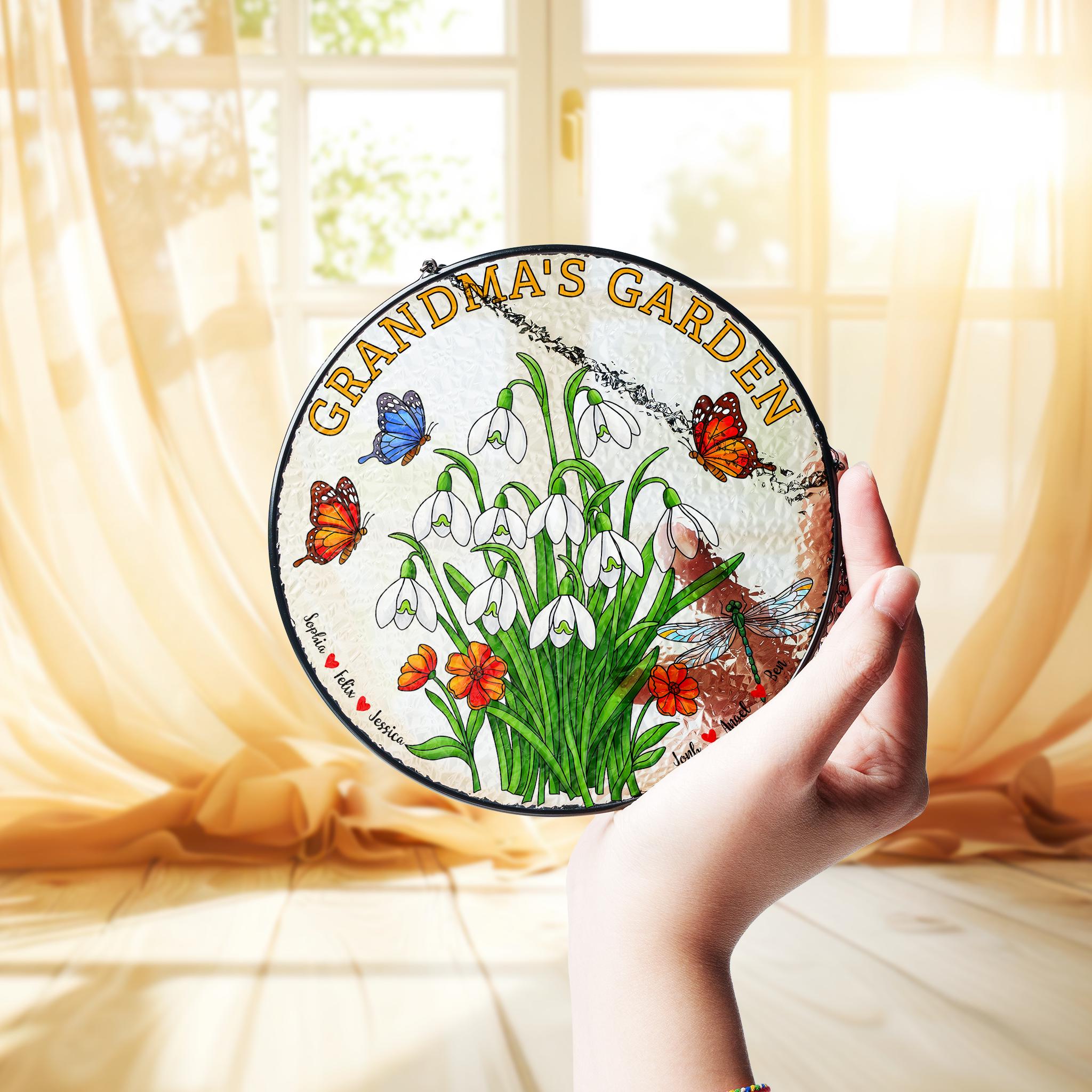 Personalized Grandma's Garden Suncatcher, Custom Names Window Hanging, Gift for Grandma, Floral Butterfly Glass Art Decor, Snowdrop Lover