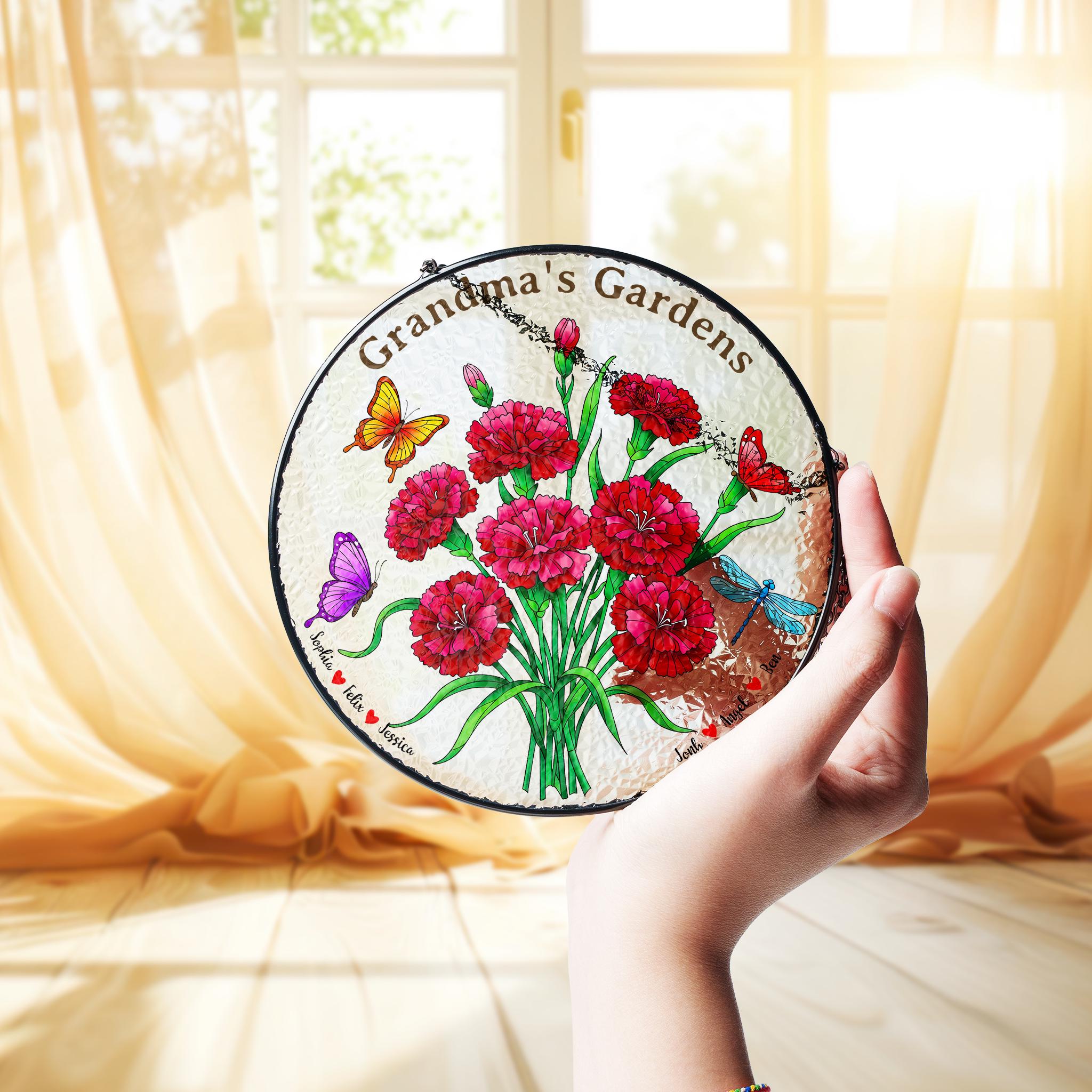 Personalized Grandma's Garden Suncatcher, Custom Names Window Hanging, Gift for Grandma, Floral Butterfly Glass Art Decor, Carnation Lover