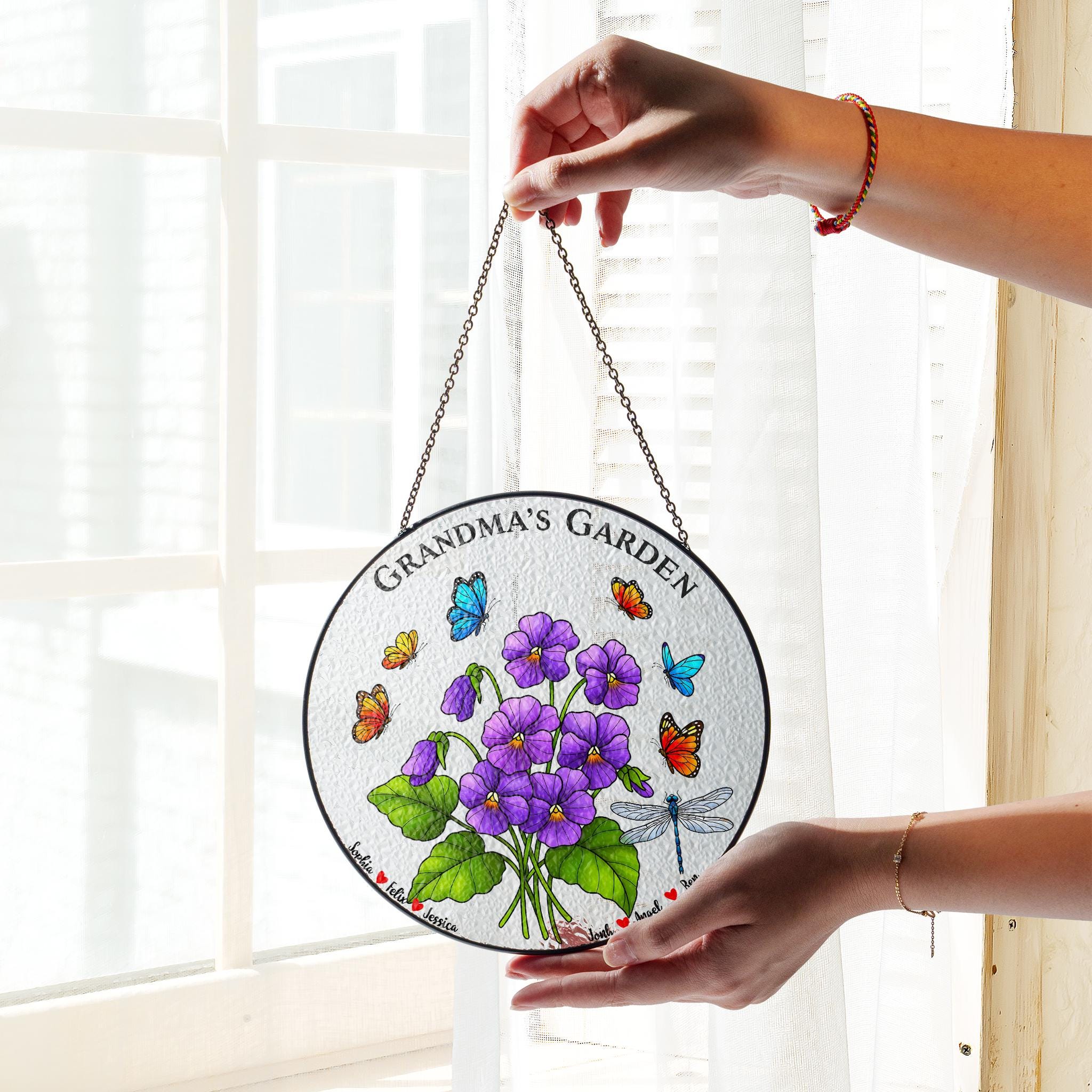 Personalized Grandma's Garden Suncatcher, Custom Names Window Hanging, Gift for Grandma, Floral Butterfly Glass Art Decor,Sweet Violet Lover