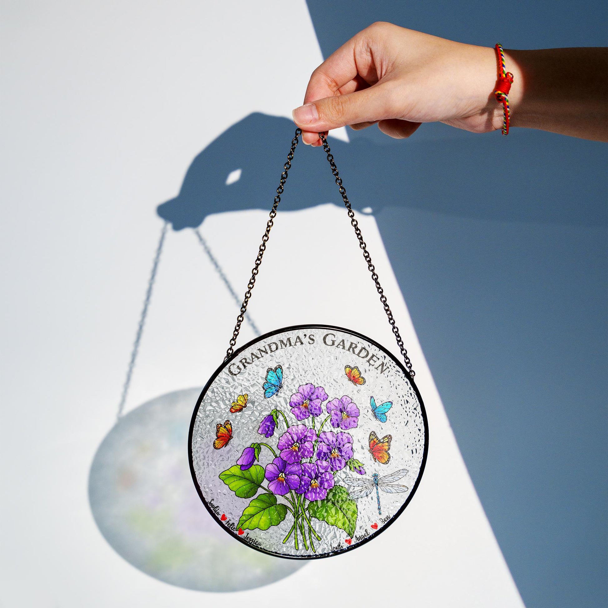 Personalized Grandma's Garden Suncatcher, Custom Names Window Hanging, Gift for Grandma, Floral Butterfly Glass Art Decor,Sweet Violet Lover