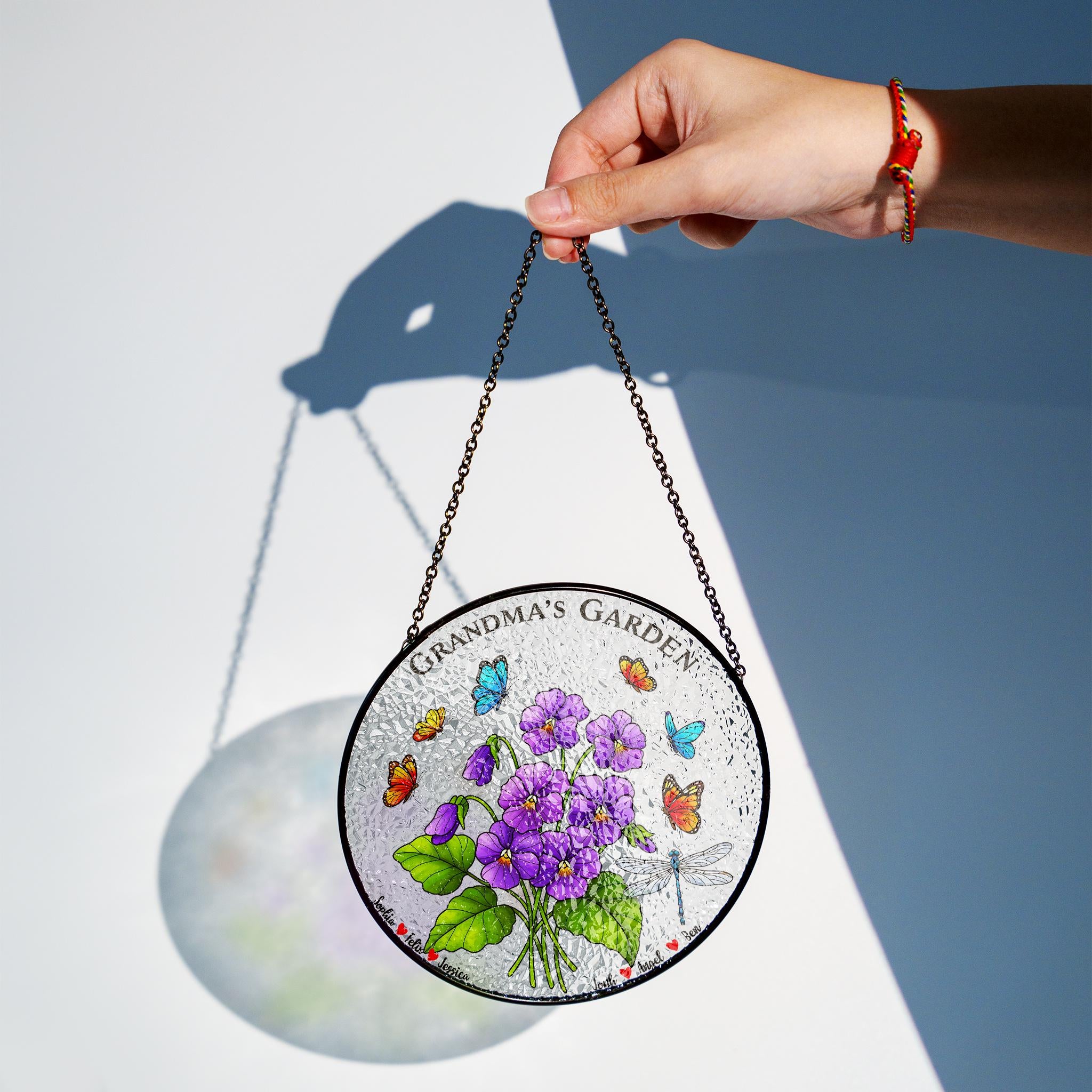 Personalized Grandma's Garden Suncatcher, Custom Names Window Hanging, Gift for Grandma, Floral Butterfly Glass Art Decor,Sweet Violet Lover