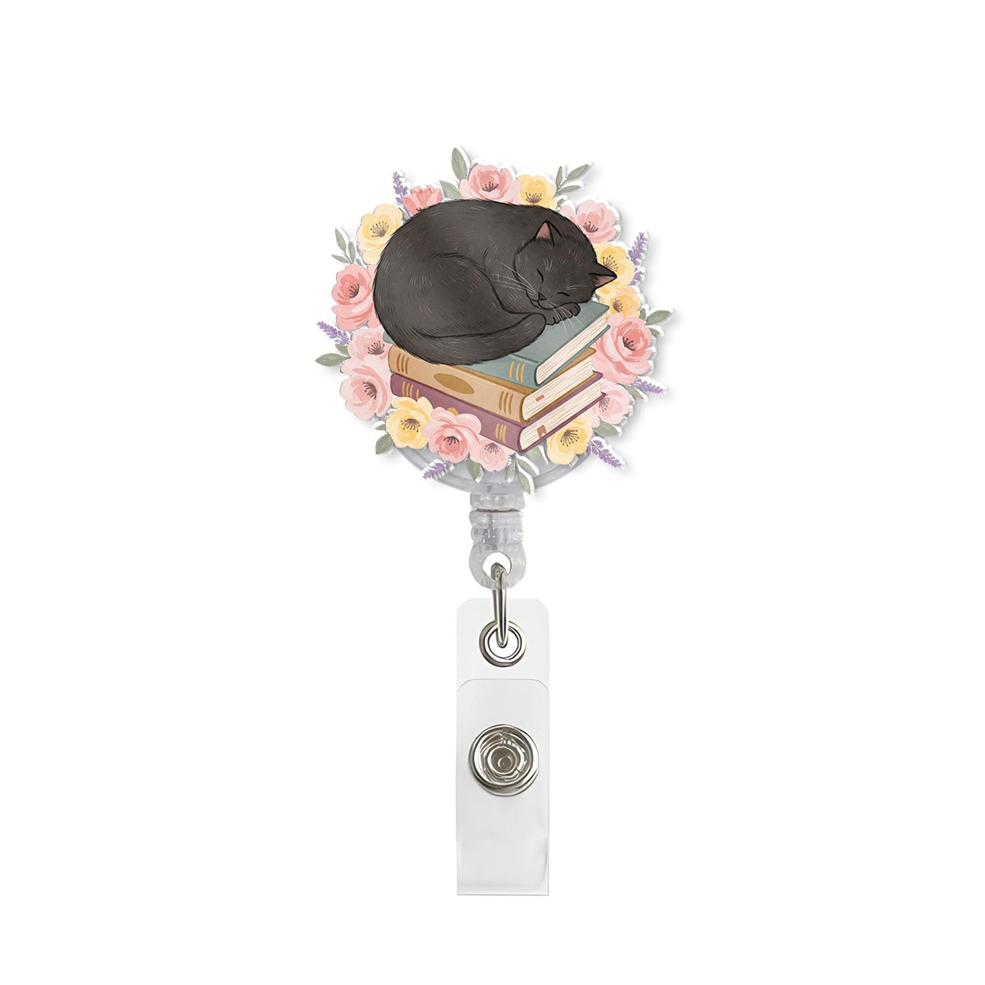 Black Cat Sleeping on Books Badge Reel, Spring Flowers ID Holder, Nurse Gift, Gift For Nurse, Animal Gift, Book Lover Gift, Cat Mom Gift