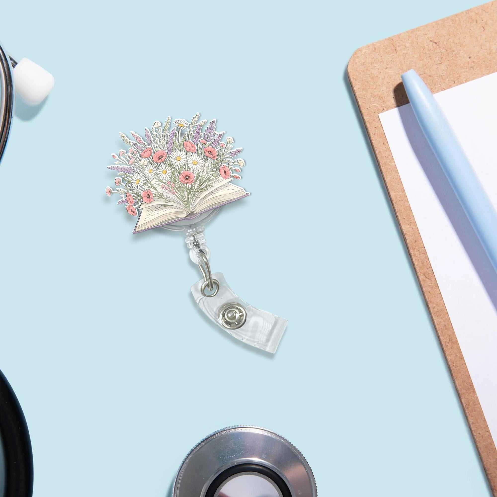 Nurse Badge Reels, Boho Badge Clips, ID Holder, Floral Book Badge Reels, Nurse Badges, Book Lover Badge Reels, Bookish Lover Gift, Flowers