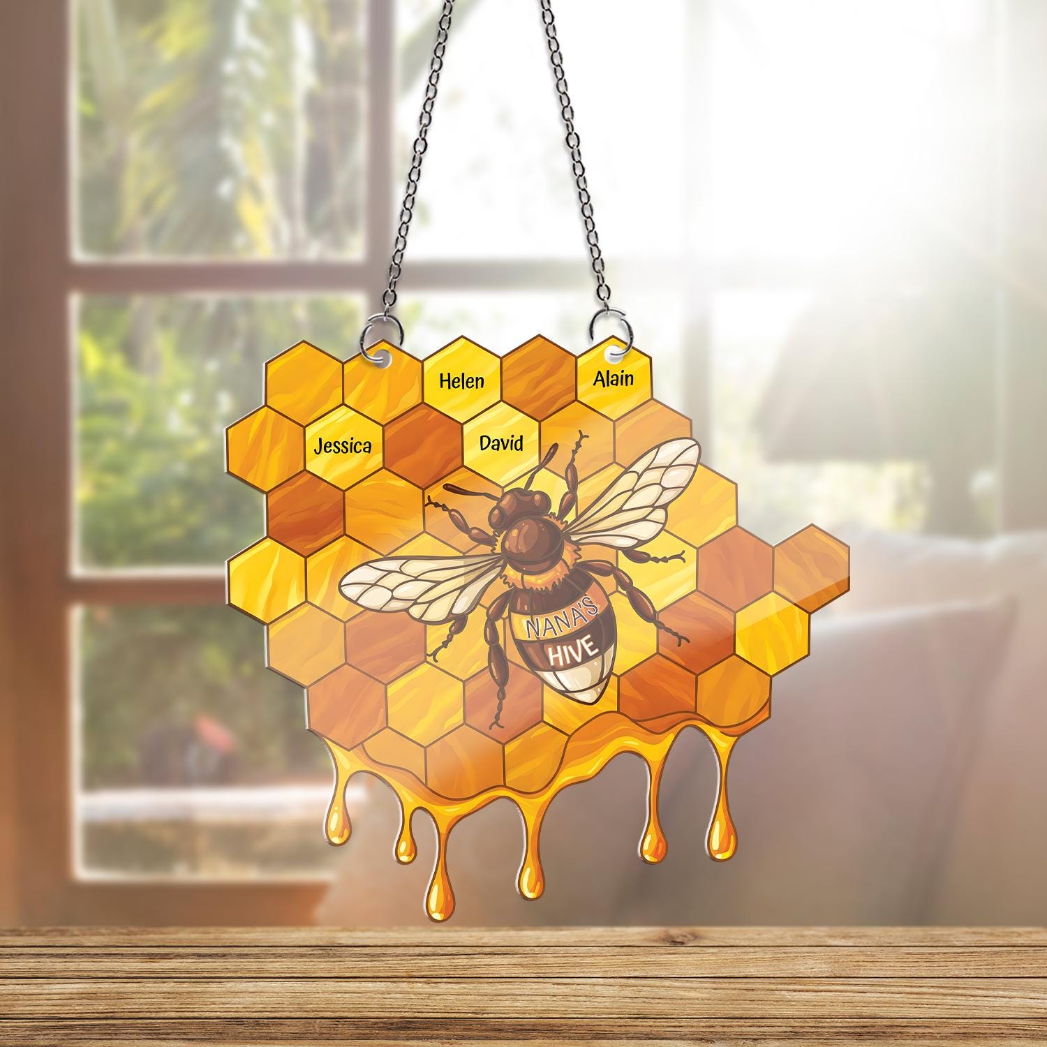 Personalized Bee Honeycomb Acrylic Ornament, Custom Name Window Hanging, Nana's Hive Grandma Gift, Dripping Honey Decor, Mother's Day