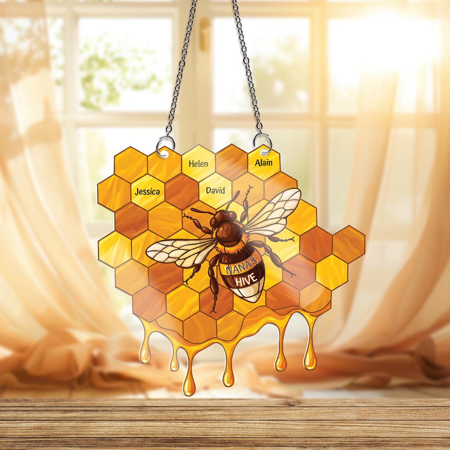 Personalized Bee Honeycomb Acrylic Ornament, Custom Name Window Hanging, Nana's Hive Grandma Gift, Dripping Honey Decor, Mother's Day