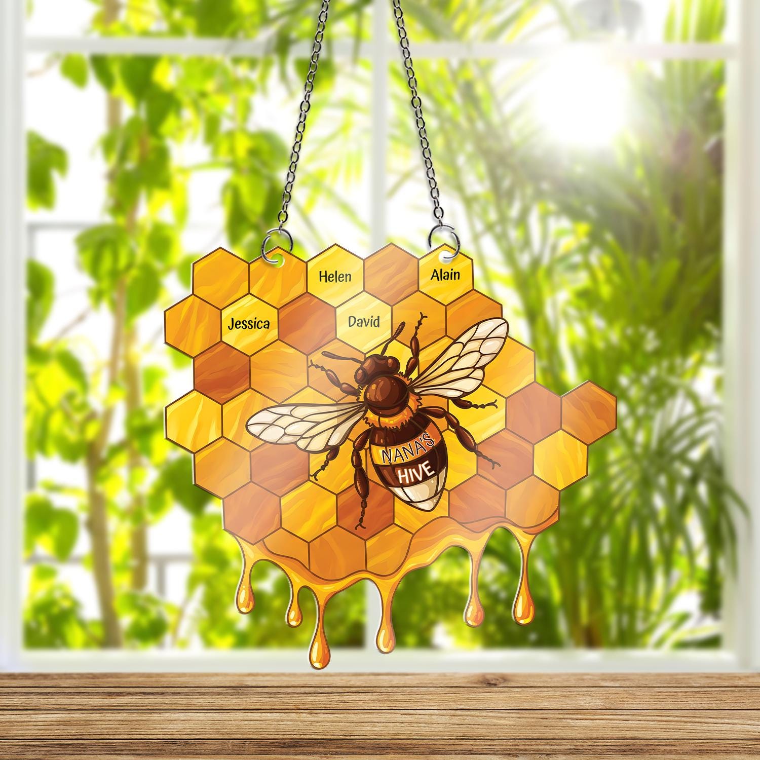 Personalized Bee Honeycomb Acrylic Ornament, Custom Name Window Hanging, Nana's Hive Grandma Gift, Dripping Honey Decor, Mother's Day