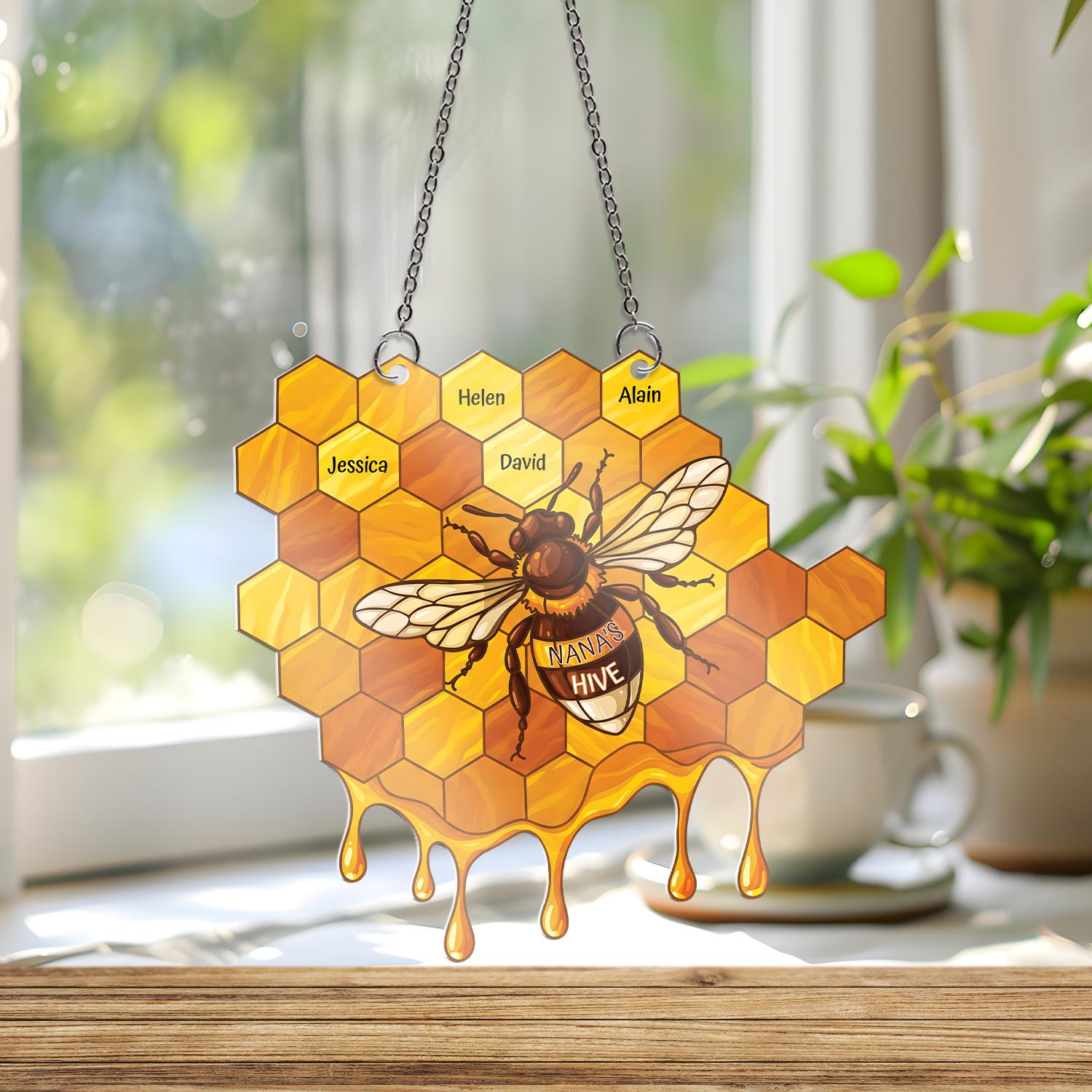 Personalized Bee Honeycomb Acrylic Ornament, Custom Name Window Hanging, Nana's Hive Grandma Gift, Dripping Honey Decor, Mother's Day