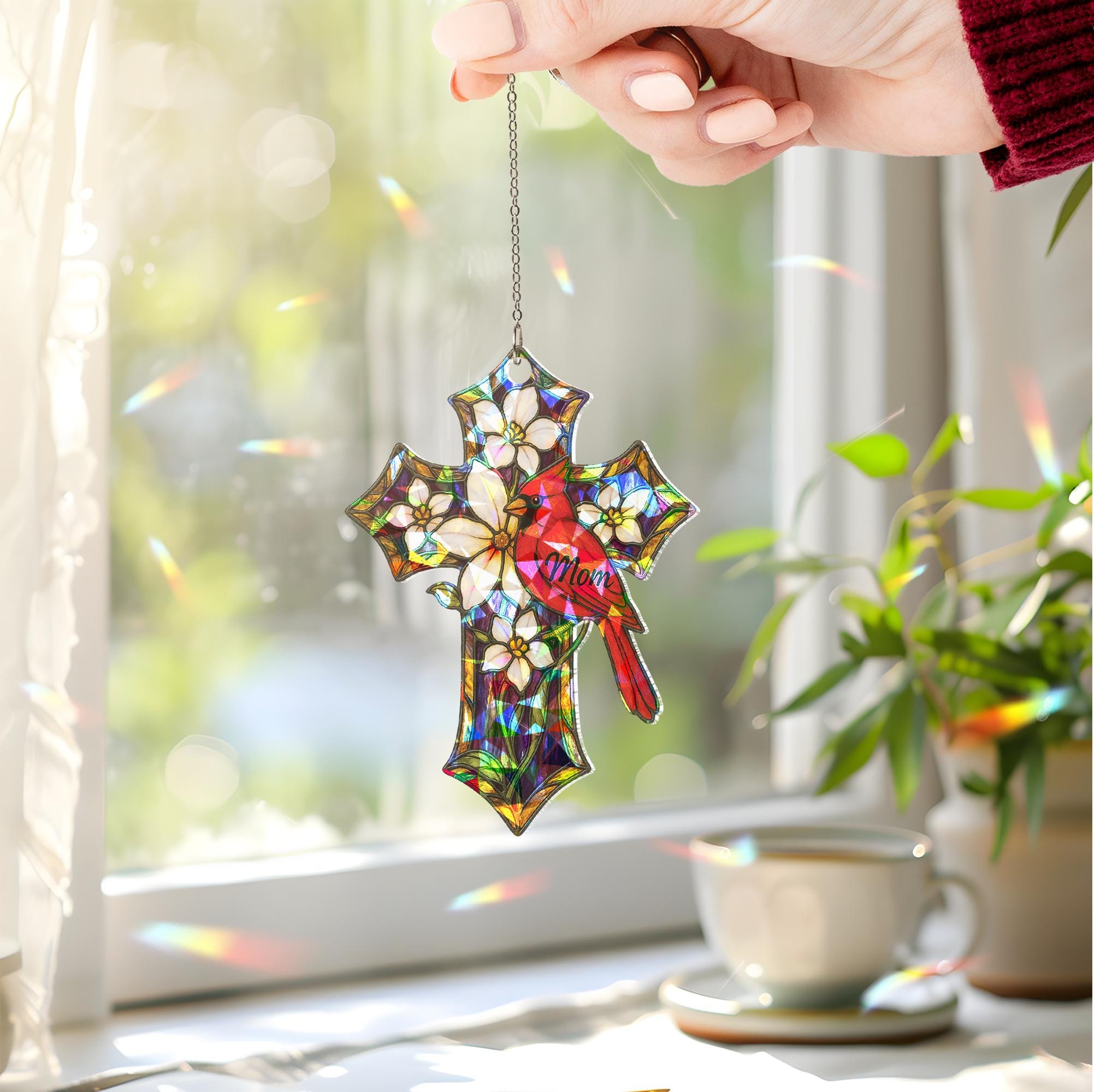 Memorial Cross Suncatcher – Holographic Acrylic Cardinal Gift for Mom or Nana, Personalized Mother's Day Remembrance Ornament