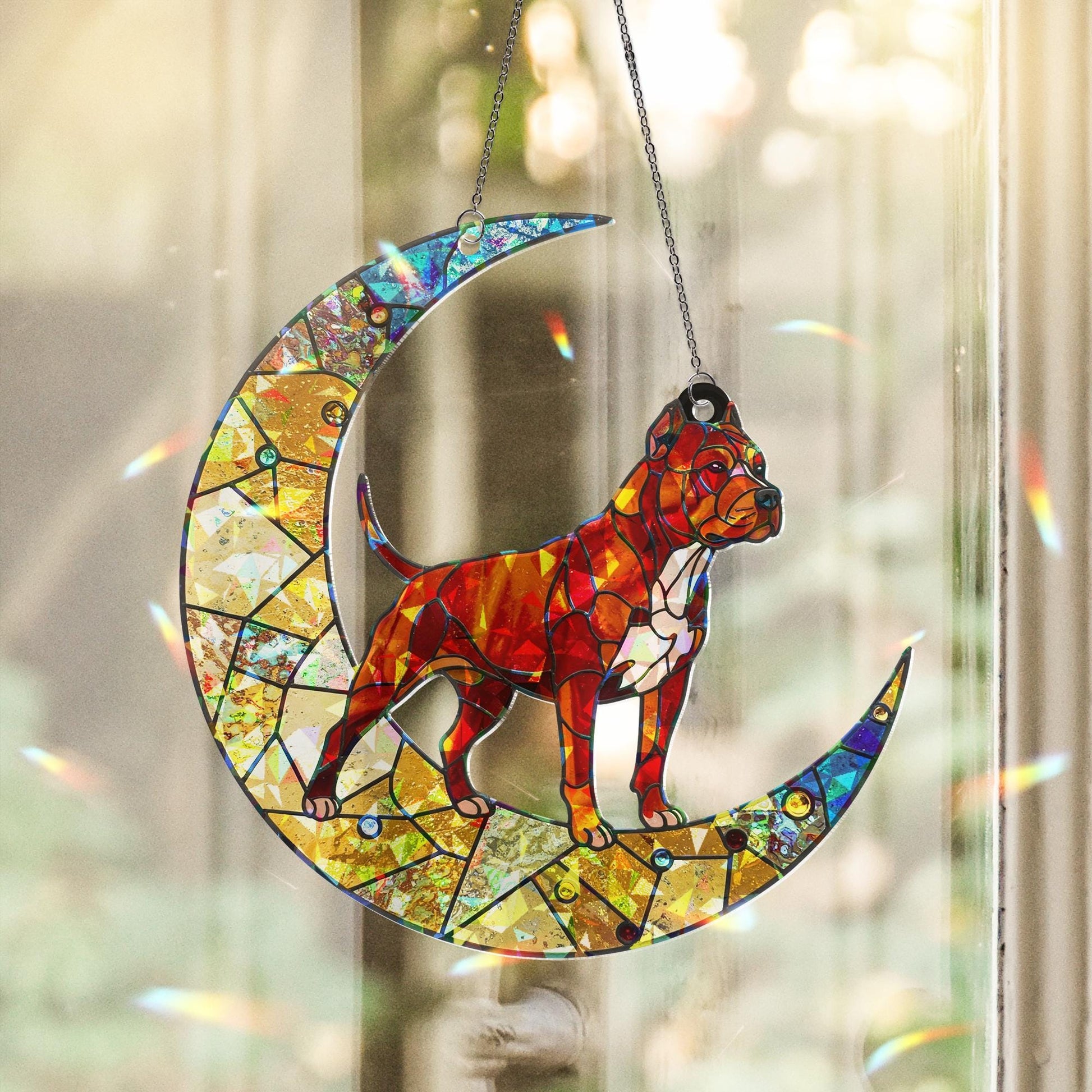 Pitbull Mom Acrylic Suncatcher – Holographic Dog Lover Gift for Mother’s Day, Crescent Moon Window Decor, FAUX stained glass