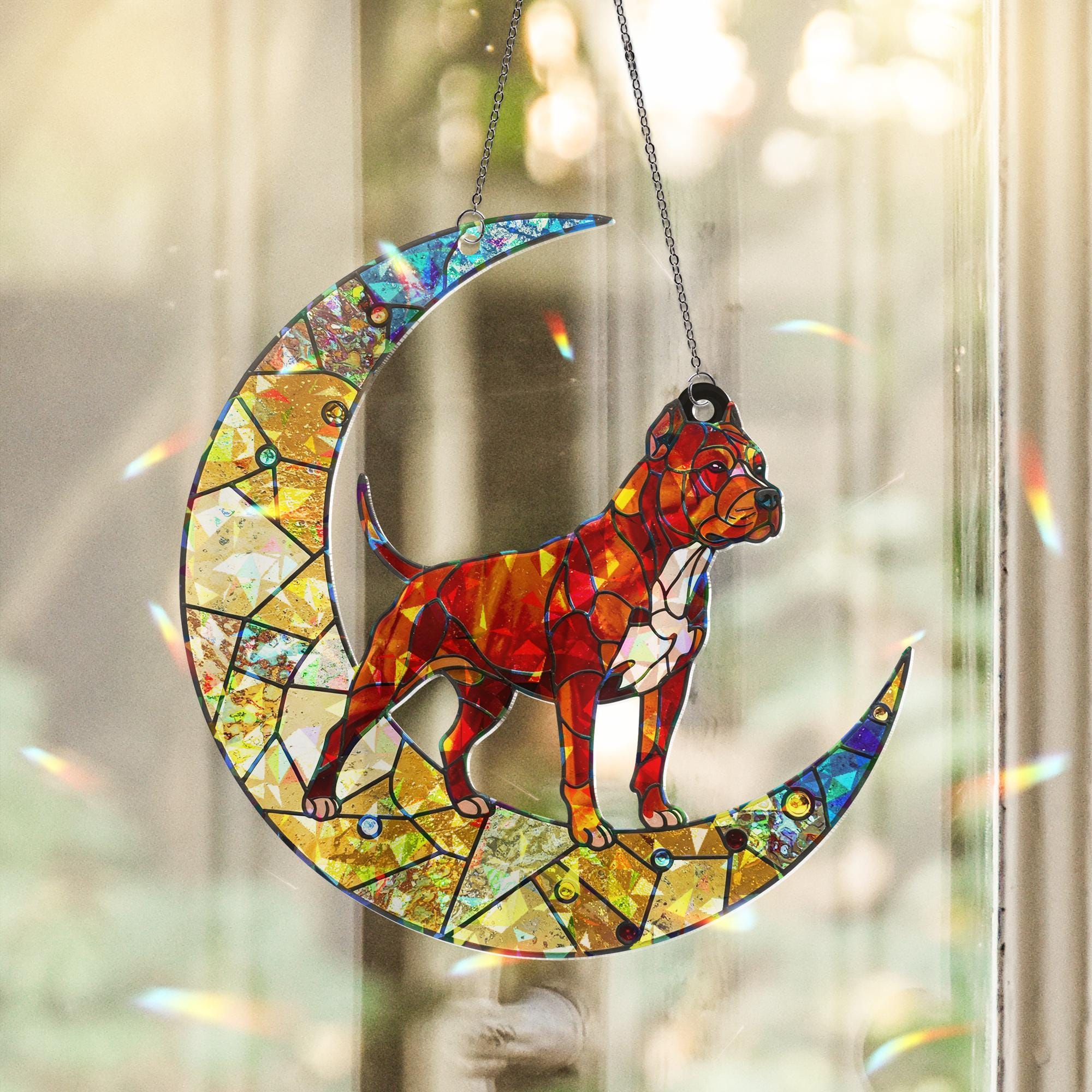 Pitbull Mom Acrylic Suncatcher – Holographic Dog Lover Gift for Mother’s Day, Crescent Moon Window Decor, FAUX stained glass