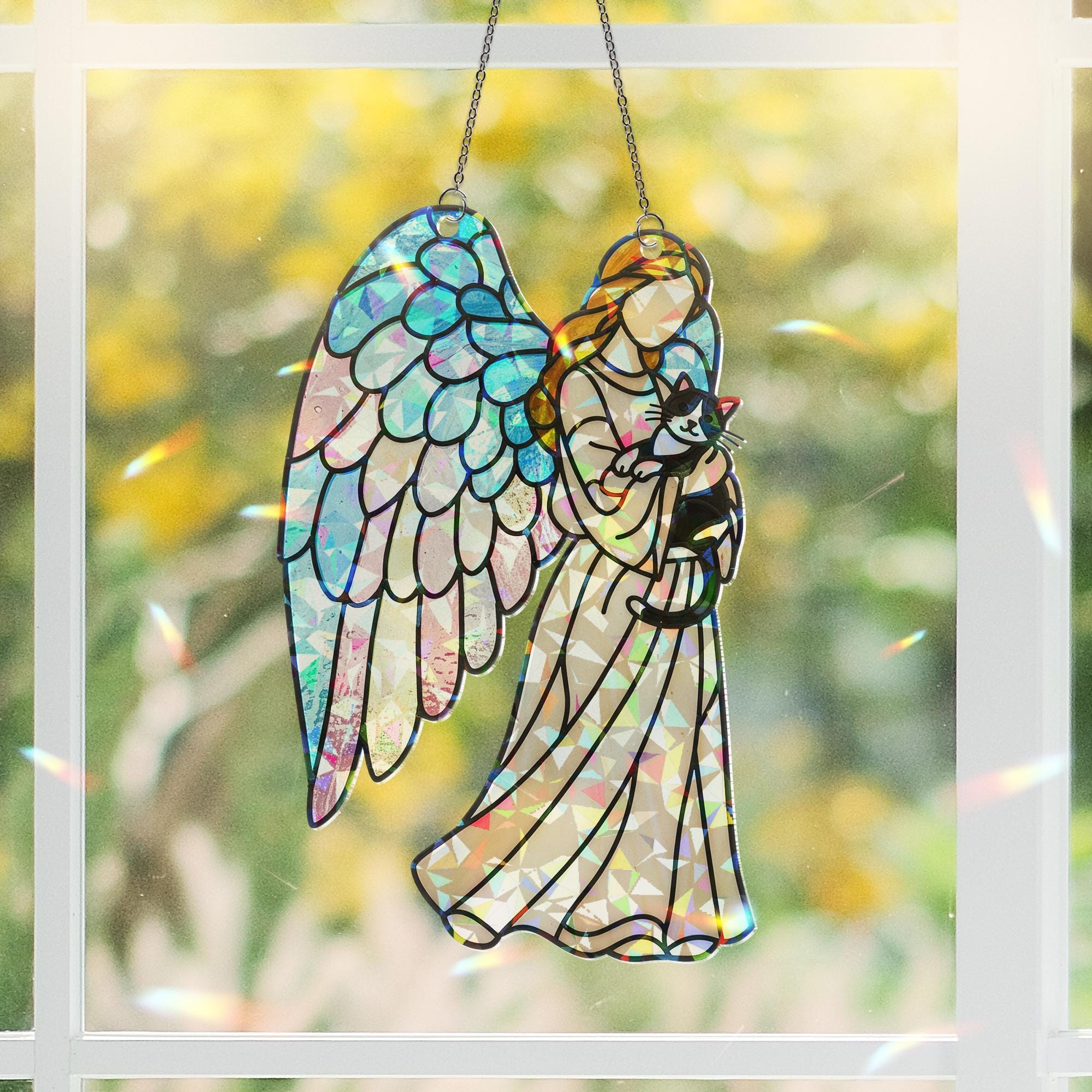 Guardian Angel with Tuxedo Cat – Holographic Acrylic Suncatcher Gift for Cat Mom, Cat Lover Decor, Cat Mama Gift, Cat Memorial,Pet Loss Gift