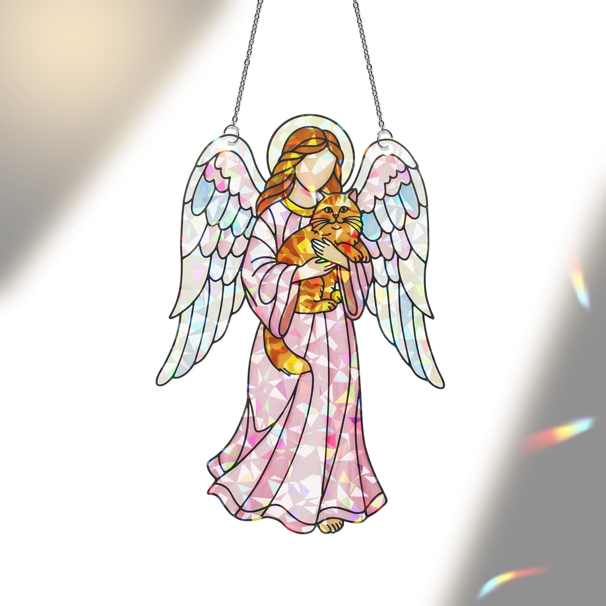 Guardian Angel with Orange Cat – Holographic Acrylic Suncatcher Gift for Cat Mom, Cat Lover Decor, Cat Mama Gift, Cat Memorial,Pet Loss Gift