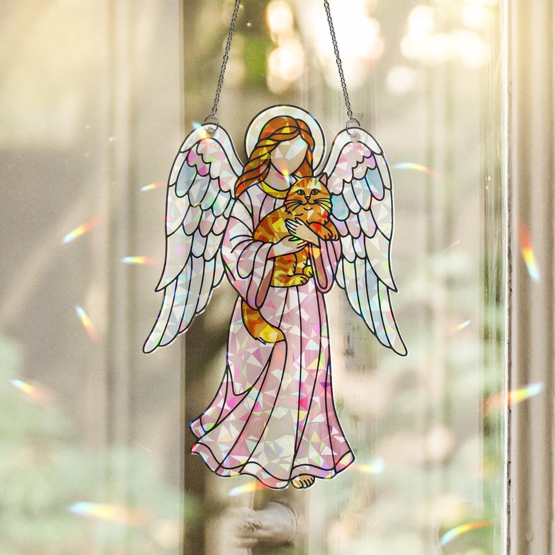 Guardian Angel with Orange Cat – Holographic Acrylic Suncatcher Gift for Cat Mom, Cat Lover Decor, Cat Mama Gift, Cat Memorial,Pet Loss Gift