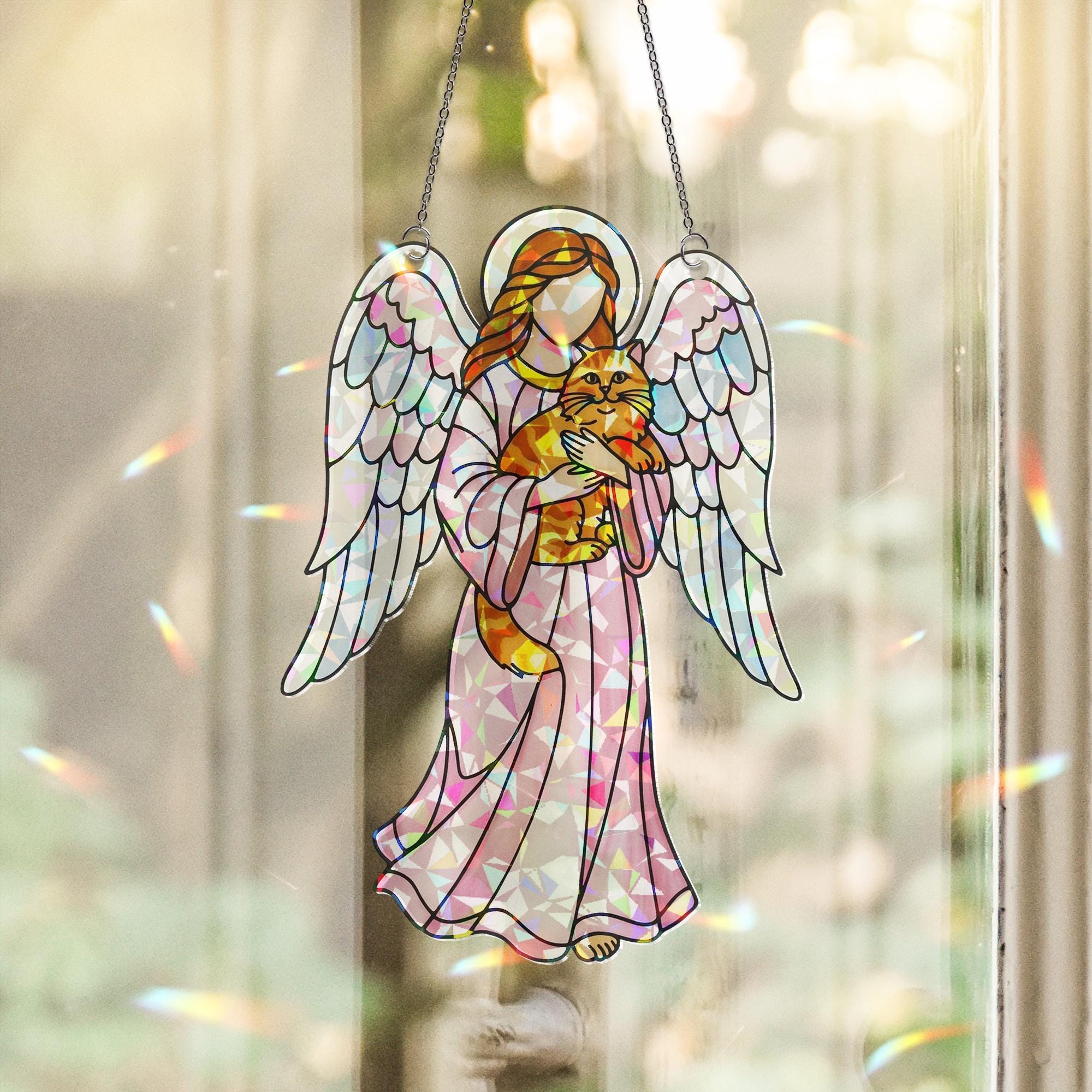 Guardian Angel with Orange Cat – Holographic Acrylic Suncatcher Gift for Cat Mom, Cat Lover Decor, Cat Mama Gift, Cat Memorial,Pet Loss Gift