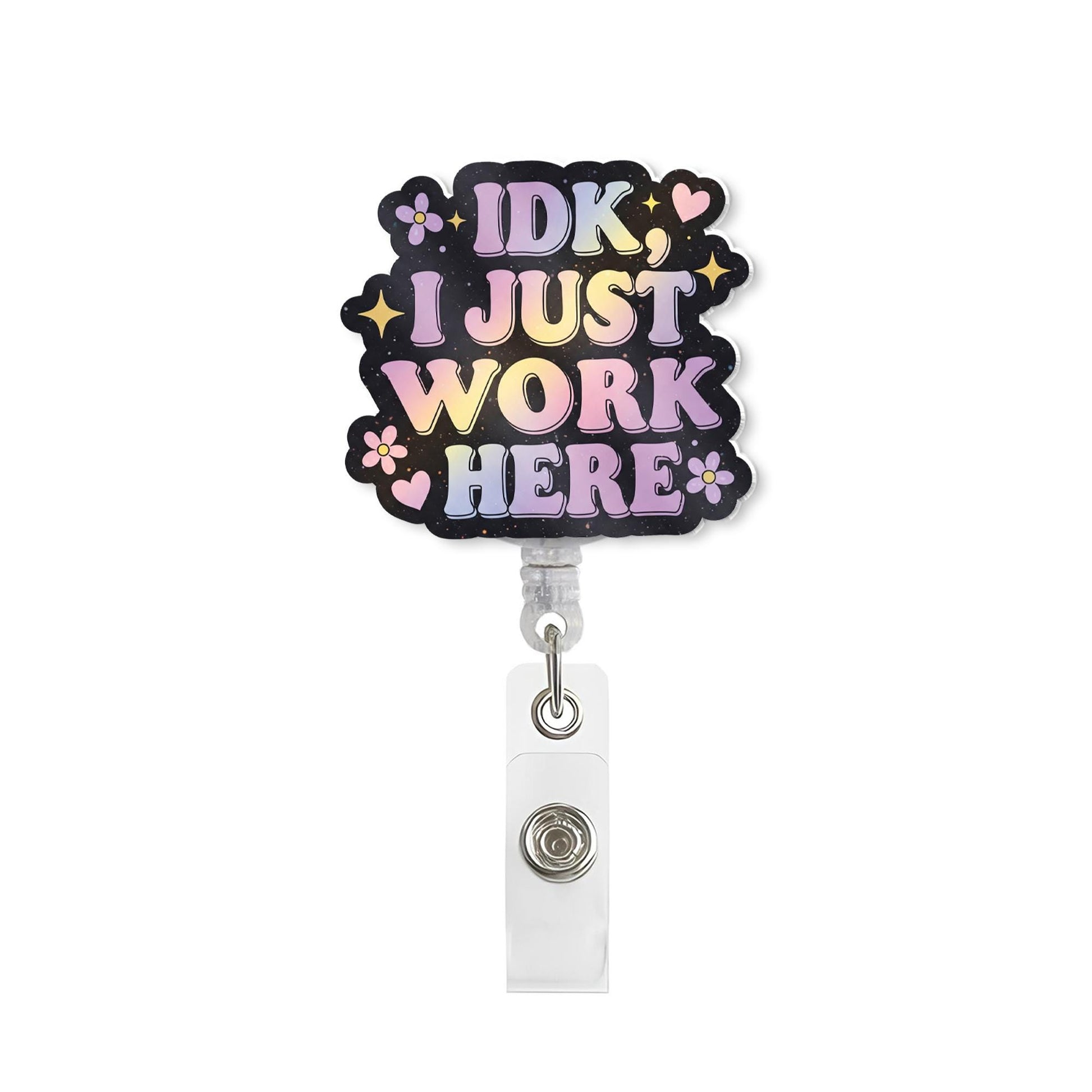 IDK I Just Work Here Badge Reel, Funny Pastel Aesthetic ID Holder for Nurses, Teachers, Office, Cute Coworker Gift, Mental health Badge Reel