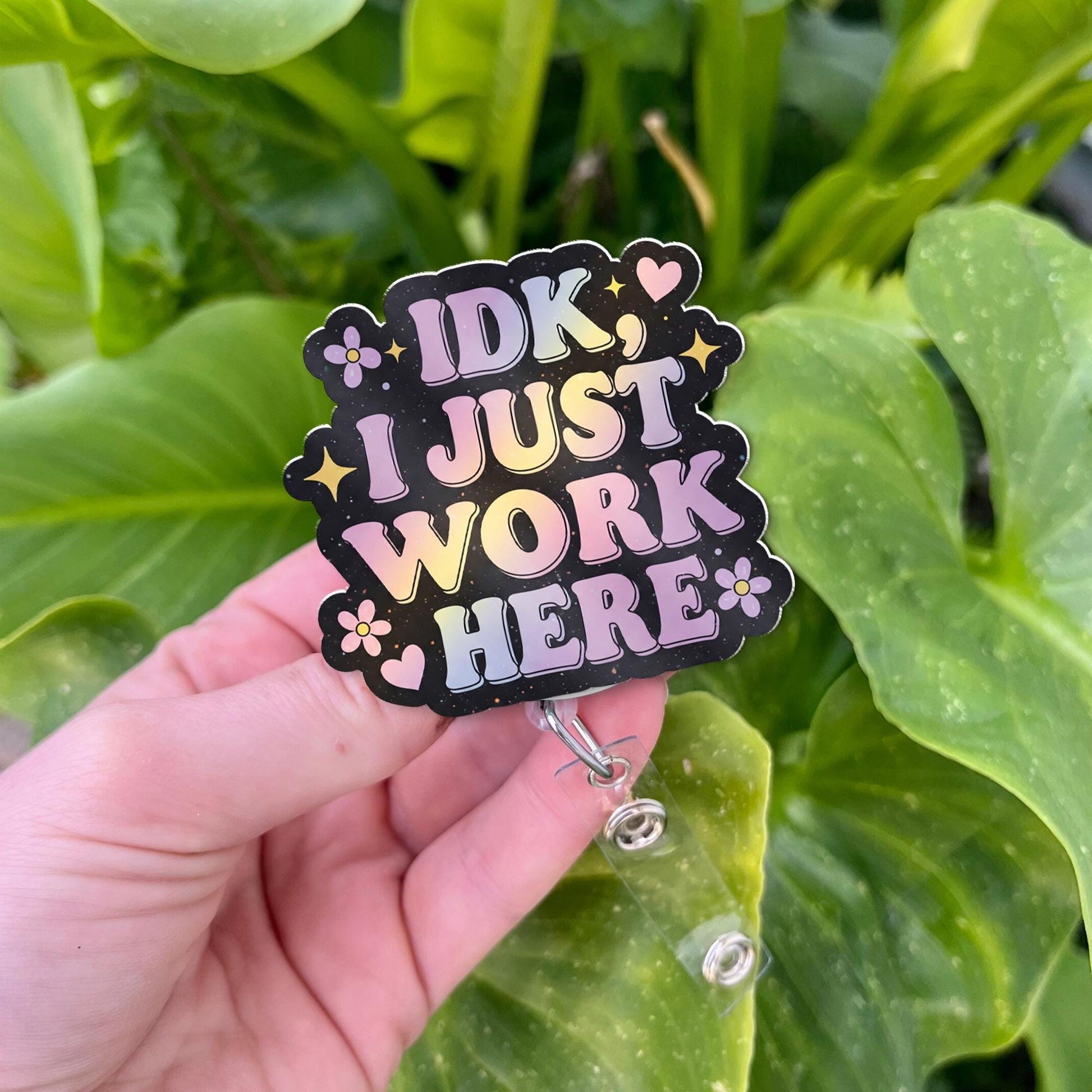 IDK I Just Work Here Badge Reel, Funny Pastel Aesthetic ID Holder for Nurses, Teachers, Office, Cute Coworker Gift, Mental health Badge Reel