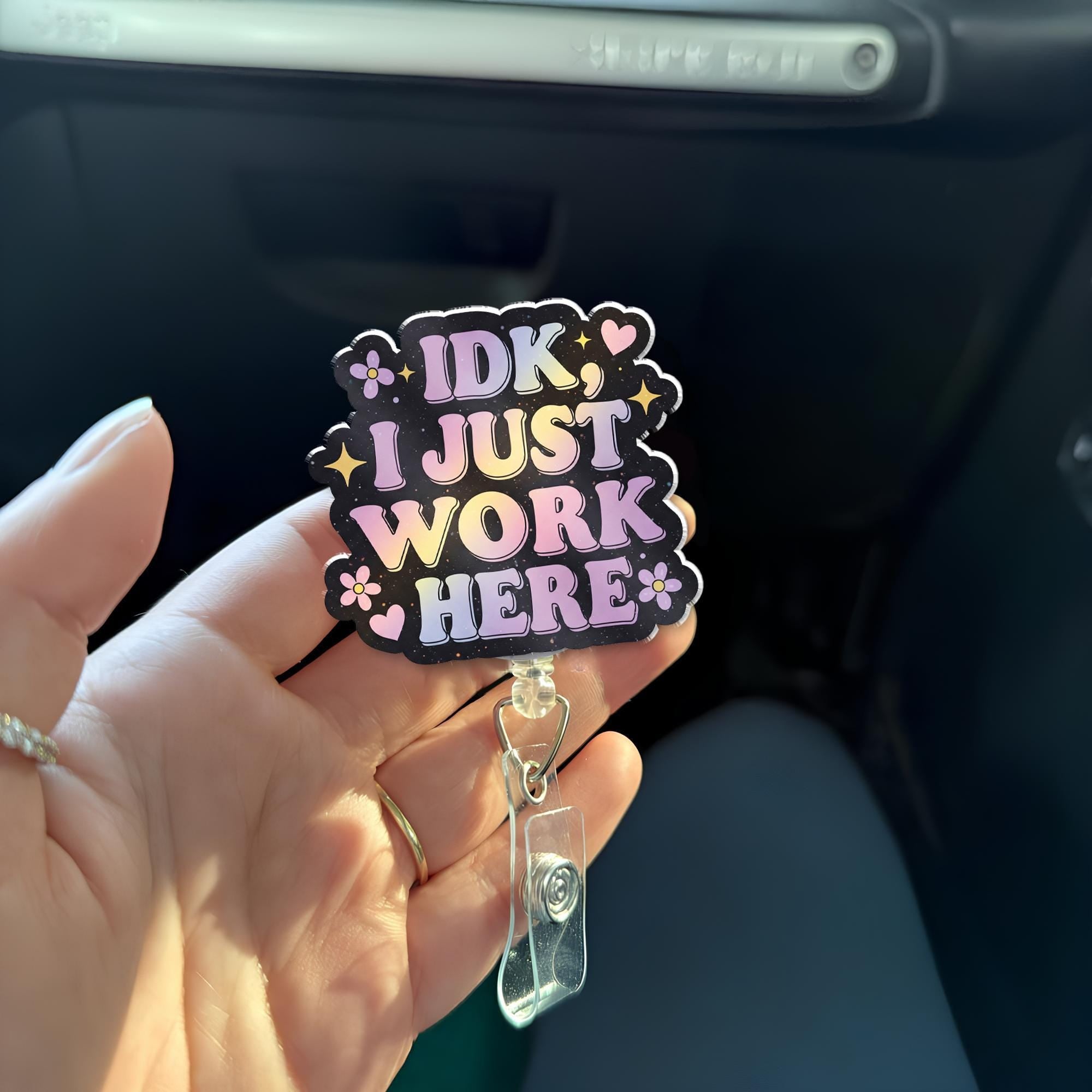 IDK I Just Work Here Badge Reel, Funny Pastel Aesthetic ID Holder for Nurses, Teachers, Office, Cute Coworker Gift, Mental health Badge Reel