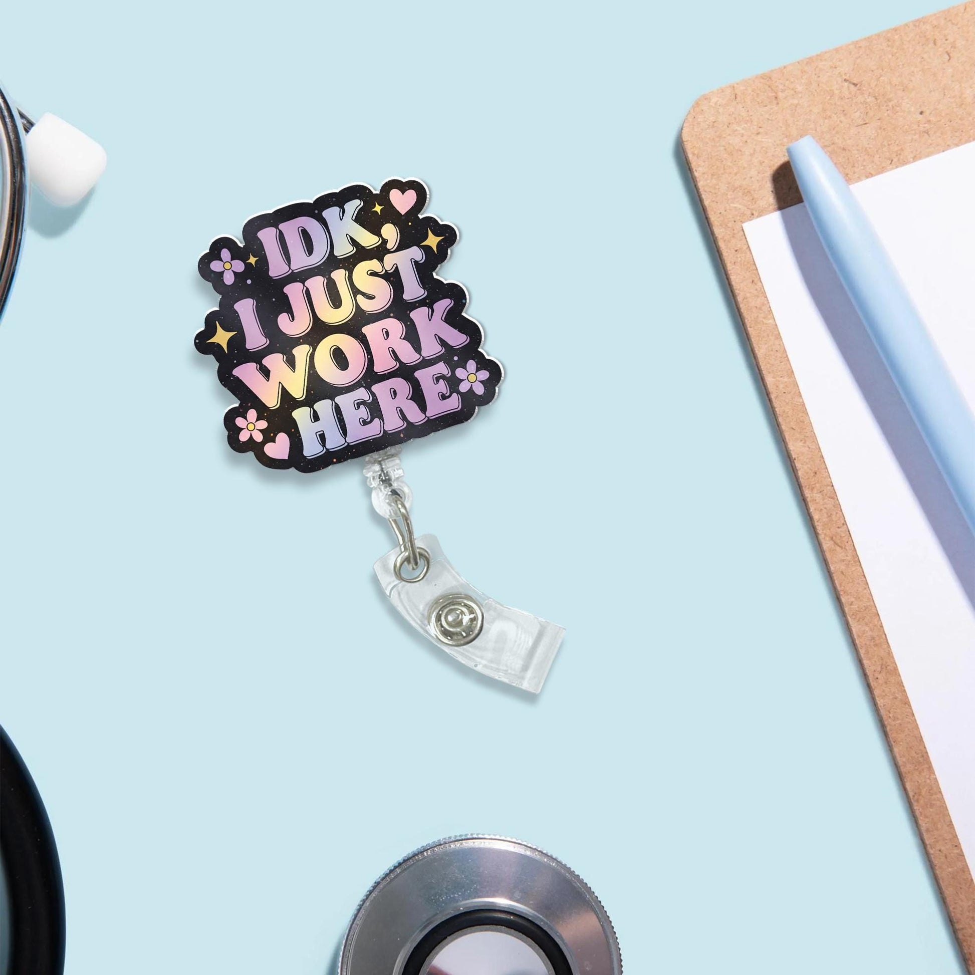 IDK I Just Work Here Badge Reel, Funny Pastel Aesthetic ID Holder for Nurses, Teachers, Office, Cute Coworker Gift, Mental health Badge Reel