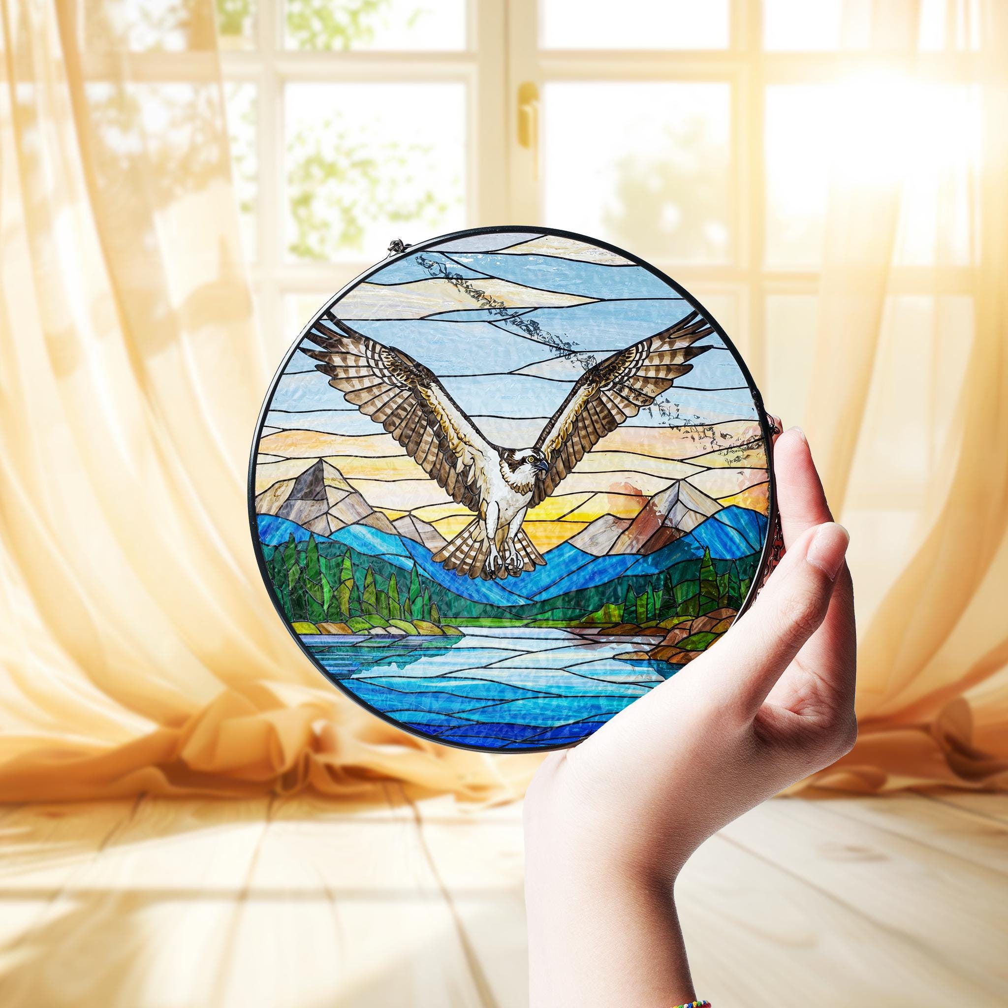 Osprey Bird Glass Suncatcher – Handcrafted Nature Window Hanging, Mountain Landscape Bird Gift for Home Decor, Mother's day gift