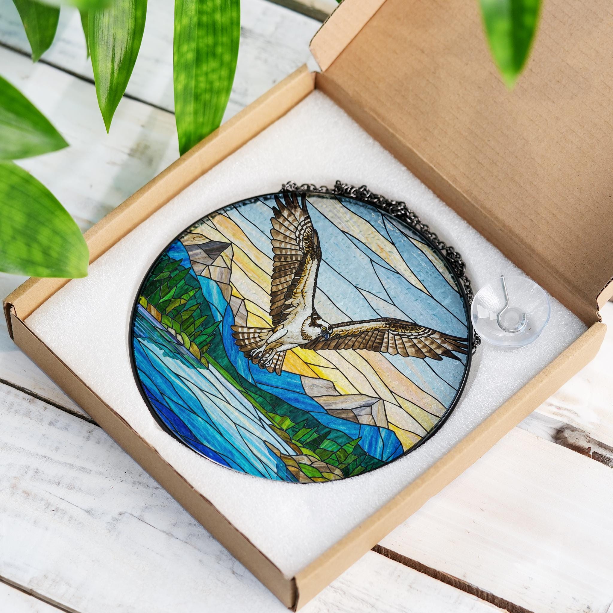 Osprey Bird Glass Suncatcher – Handcrafted Nature Window Hanging, Mountain Landscape Bird Gift for Home Decor, Mother's day gift