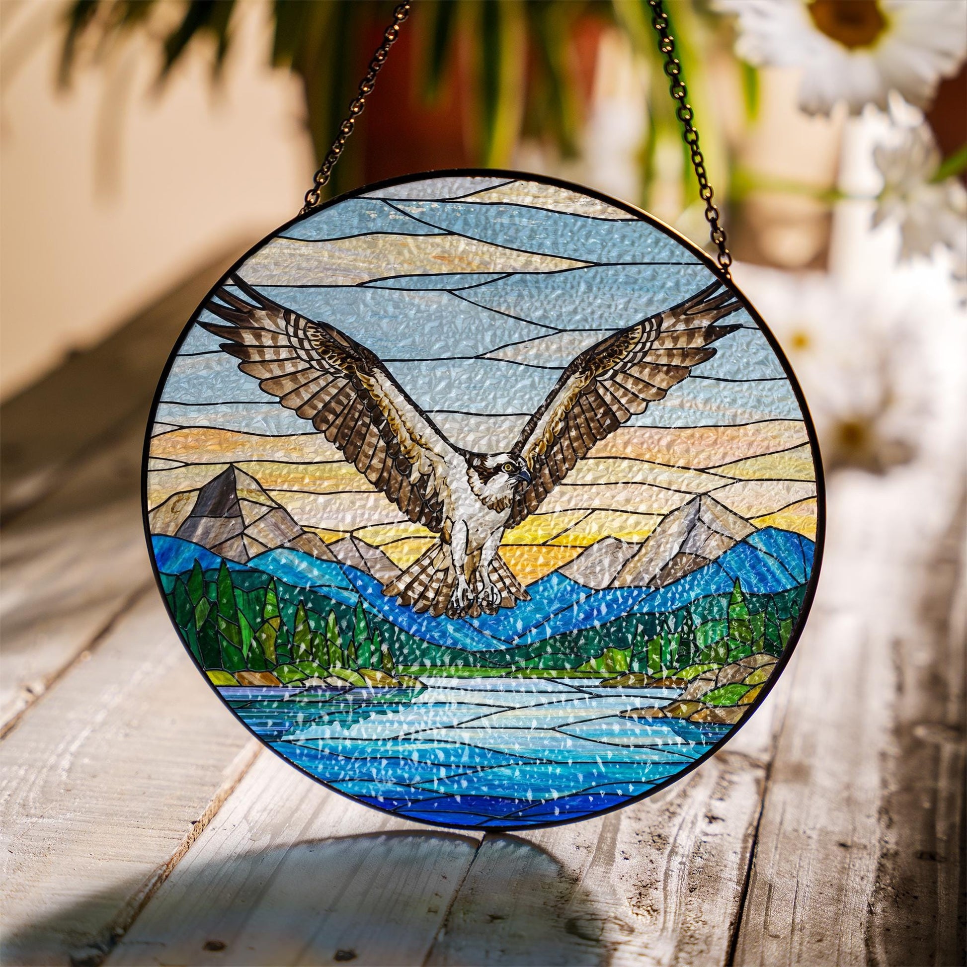 Osprey Bird Glass Suncatcher – Handcrafted Nature Window Hanging, Mountain Landscape Bird Gift for Home Decor, Mother's day gift