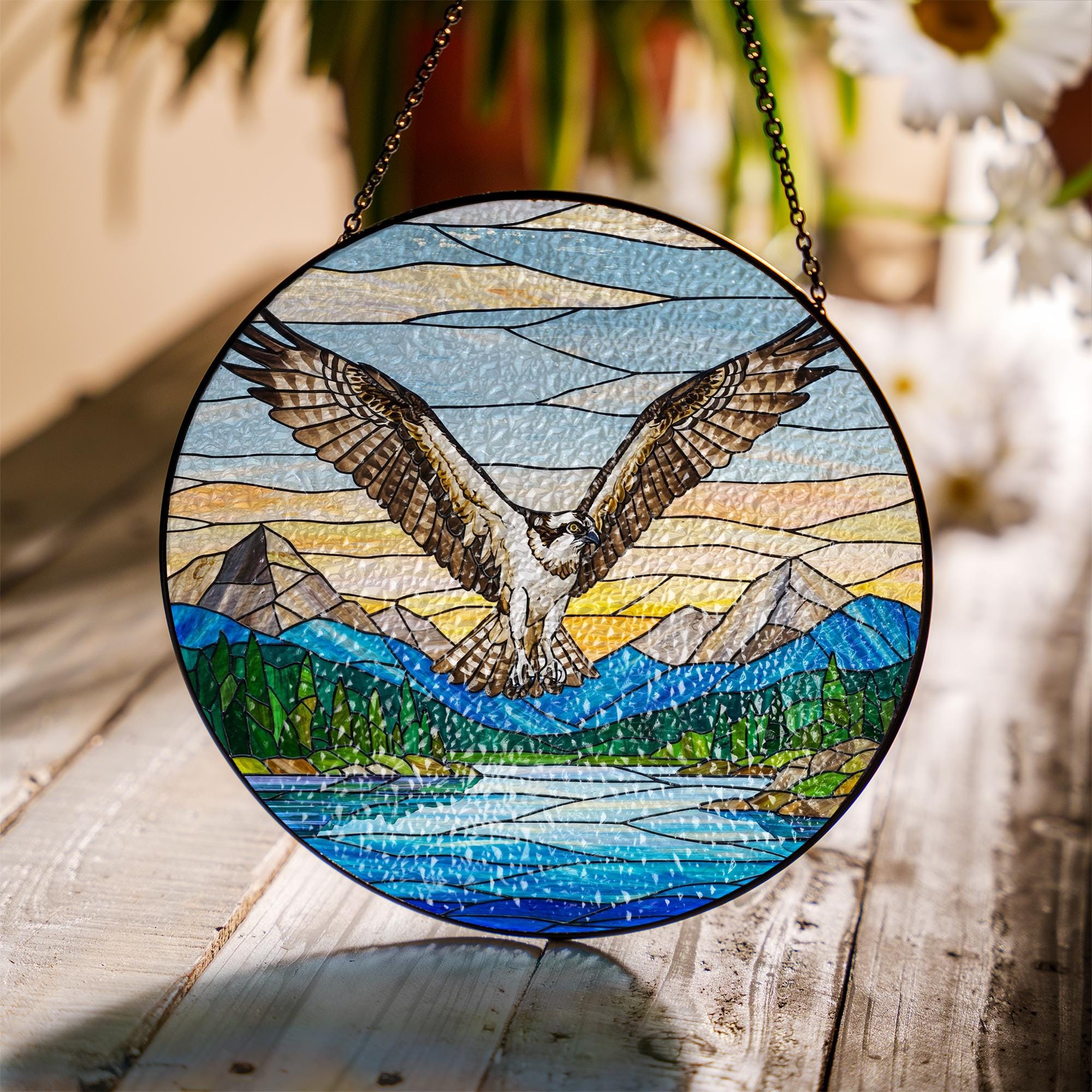 Osprey Bird Glass Suncatcher – Handcrafted Nature Window Hanging, Mountain Landscape Bird Gift for Home Decor, Mother's day gift