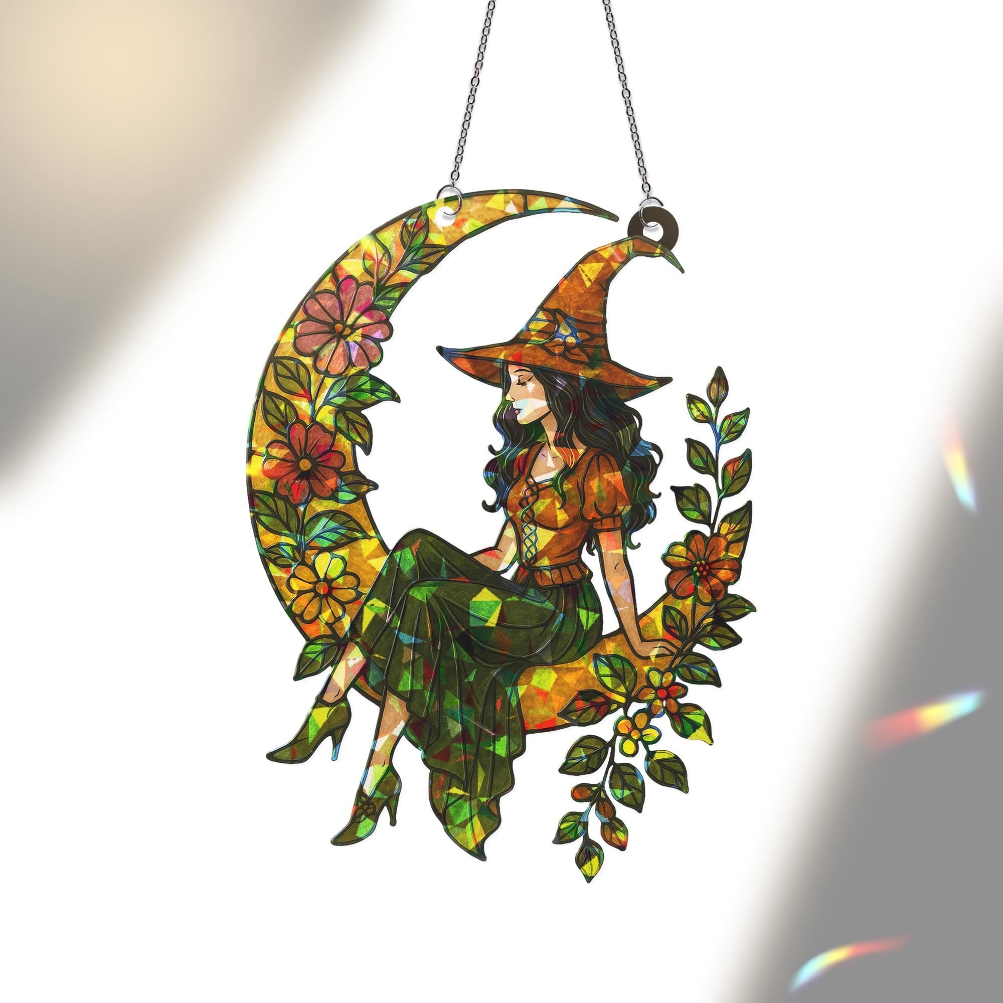 Witchy Moon Suncatcher – Holographic Acrylic Crescent Gift for Mother’s Day, Floral Witch Window Decor, window hanging
