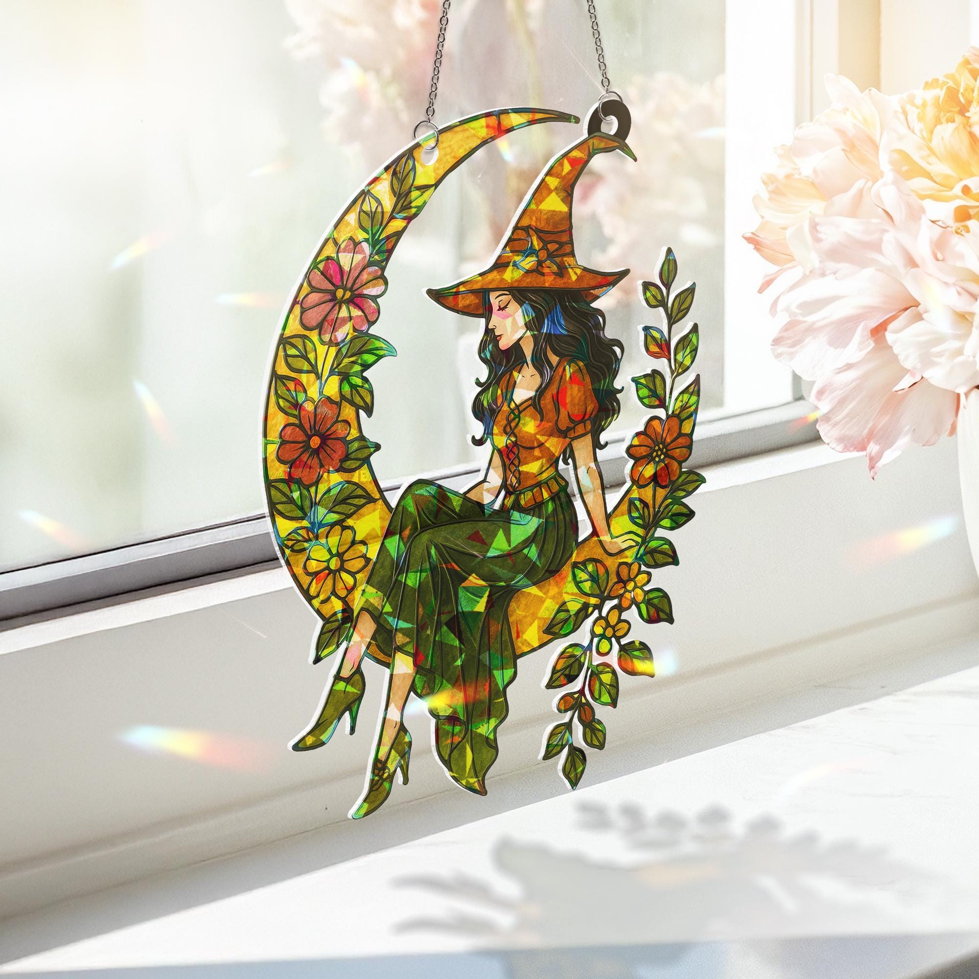 Witchy Moon Suncatcher – Holographic Acrylic Crescent Gift for Mother’s Day, Floral Witch Window Decor, window hanging