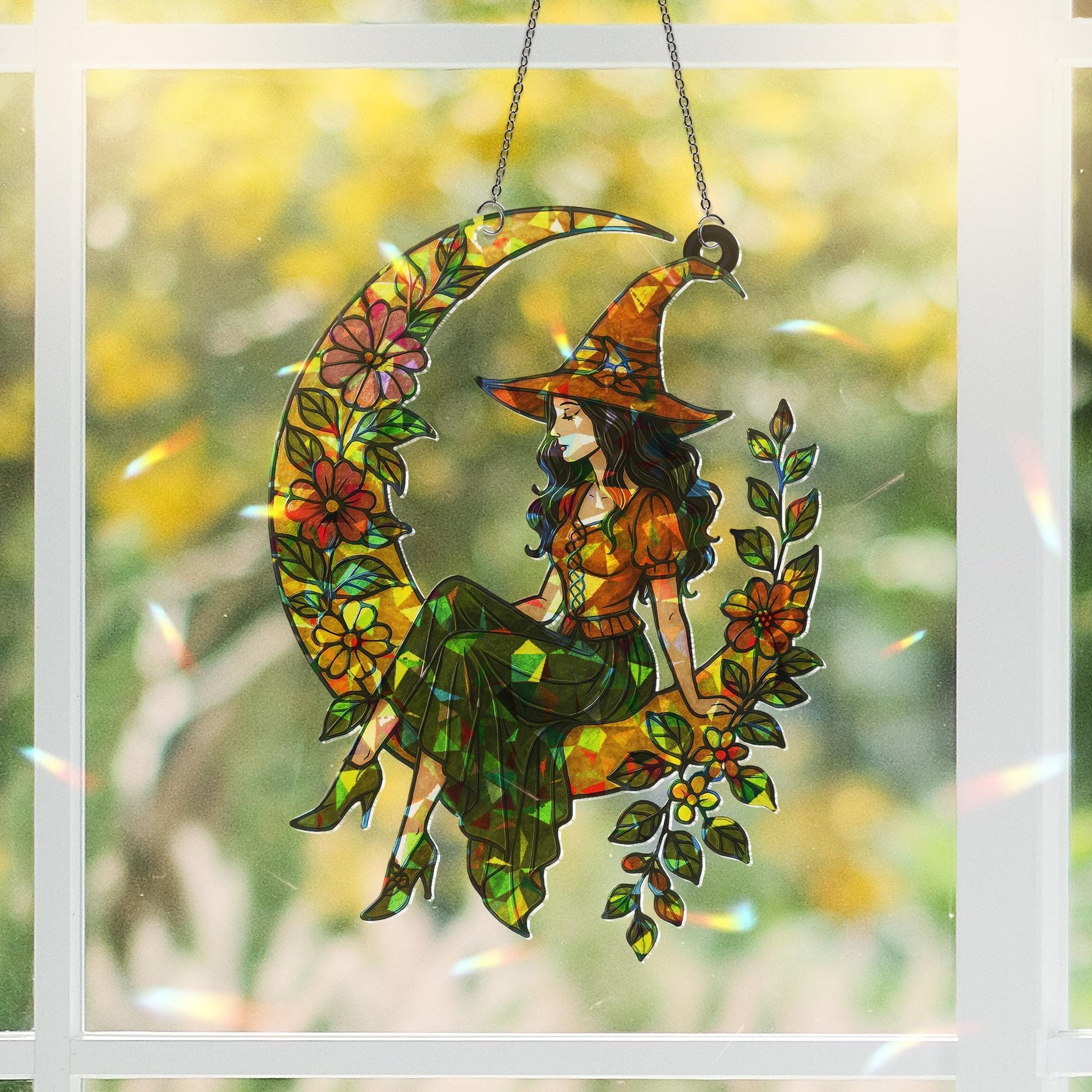 Witchy Moon Suncatcher – Holographic Acrylic Crescent Gift for Mother’s Day, Floral Witch Window Decor, window hanging