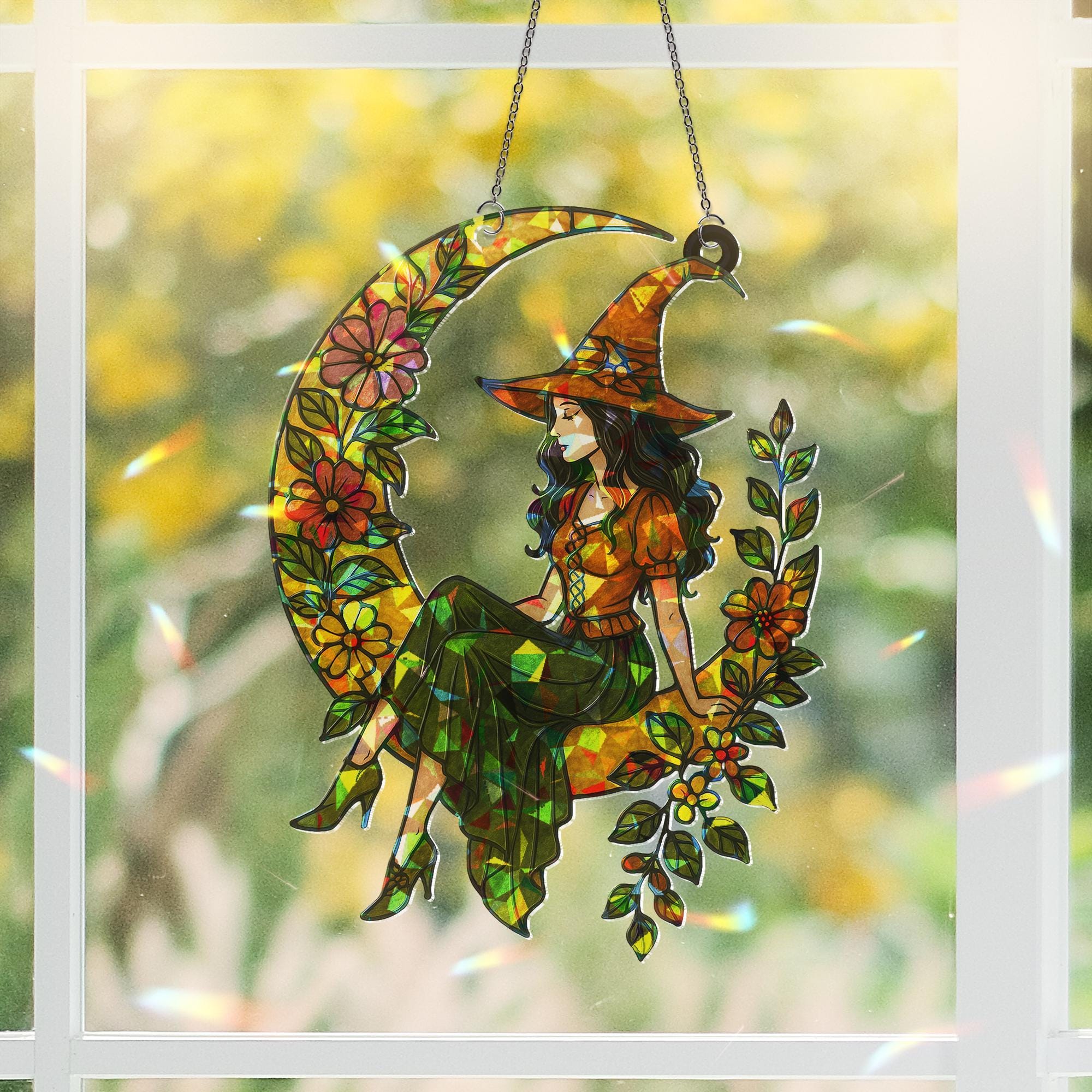 Witchy Moon Suncatcher – Holographic Acrylic Crescent Gift for Mother’s Day, Floral Witch Window Decor, window hanging