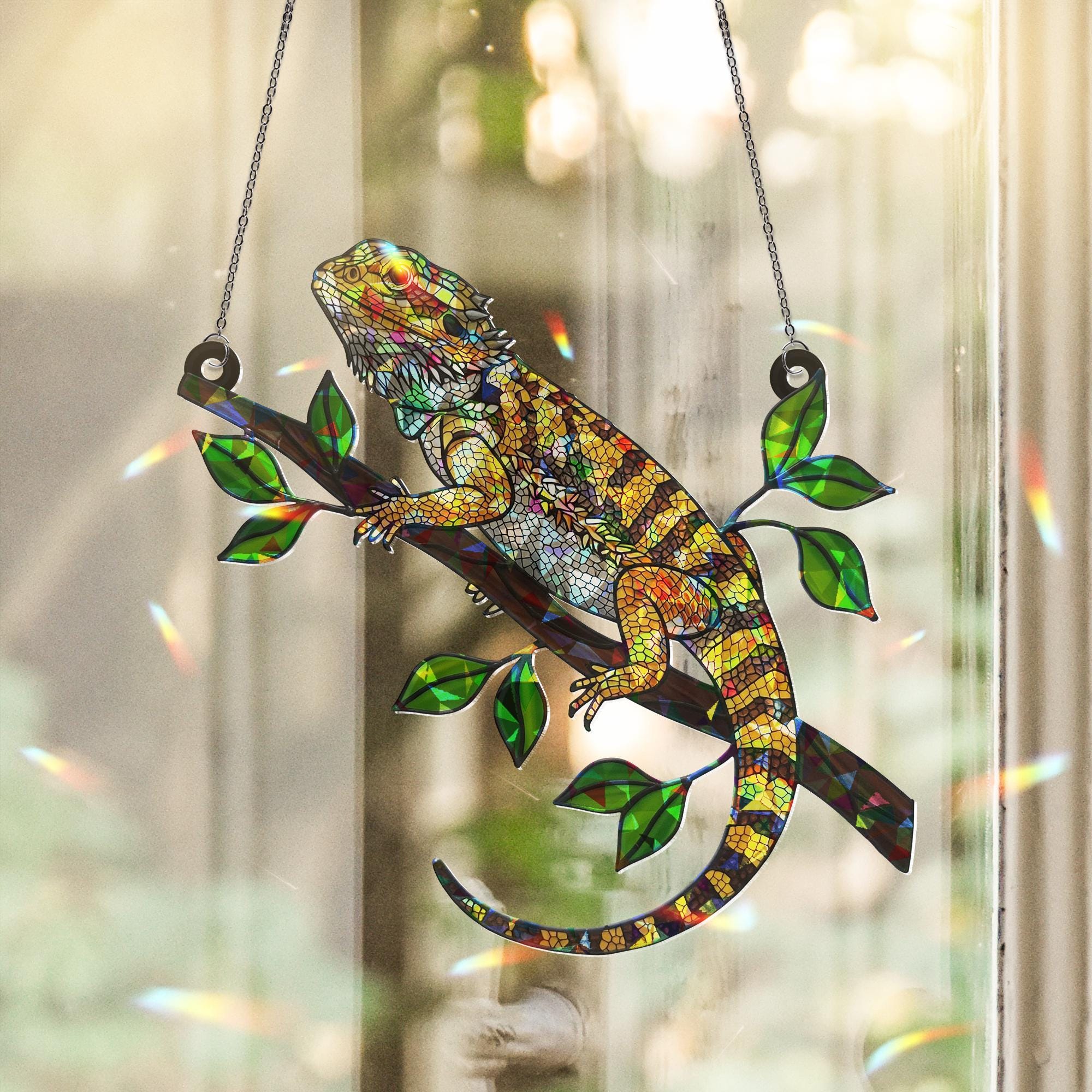 Bearded Dragon Suncatcher – Holographic Acrylic Lizard Gift for Reptile Mom, Mother’s Day Window Decor gift for bearded dragon lover