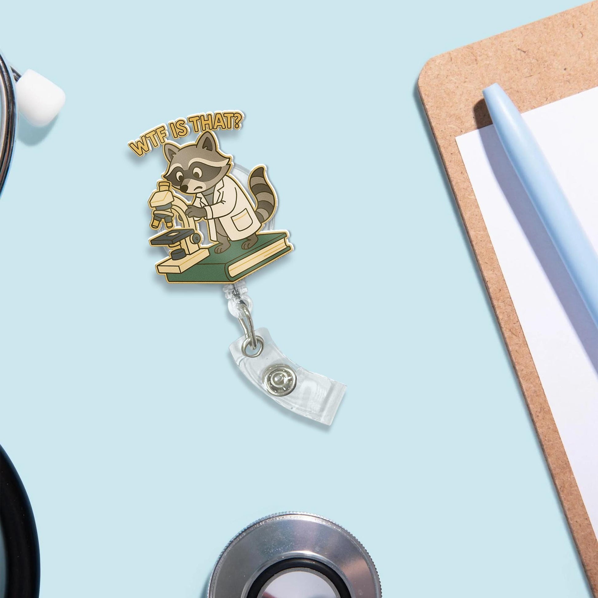 Funny Raccoon Lab Badge Reel – WTF Microscope ID Holder for Nurses, Scientists, Medical Staff, quirky teacher Gift