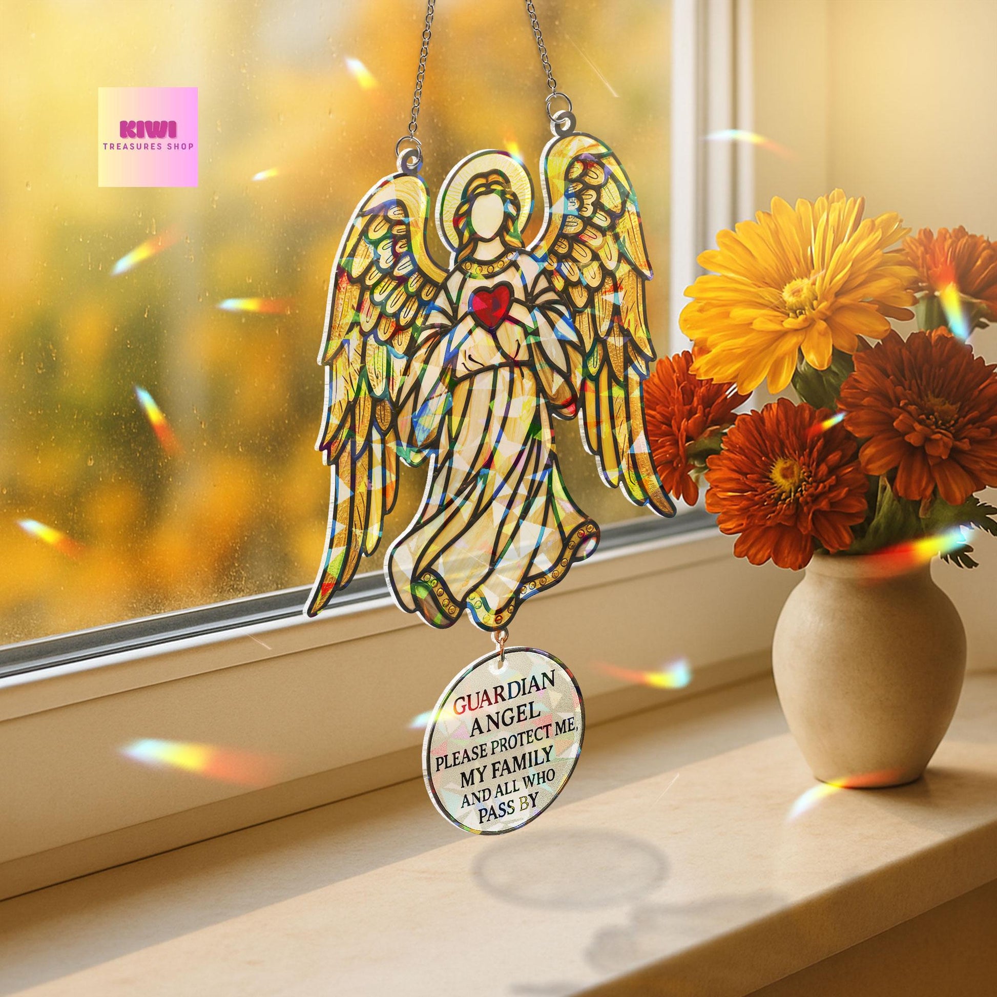Guardian Angel Holographic Window Suncatcher – Protection Hanging Ornament – Mother's Day Gift for Mom, Grandma, or Loved One