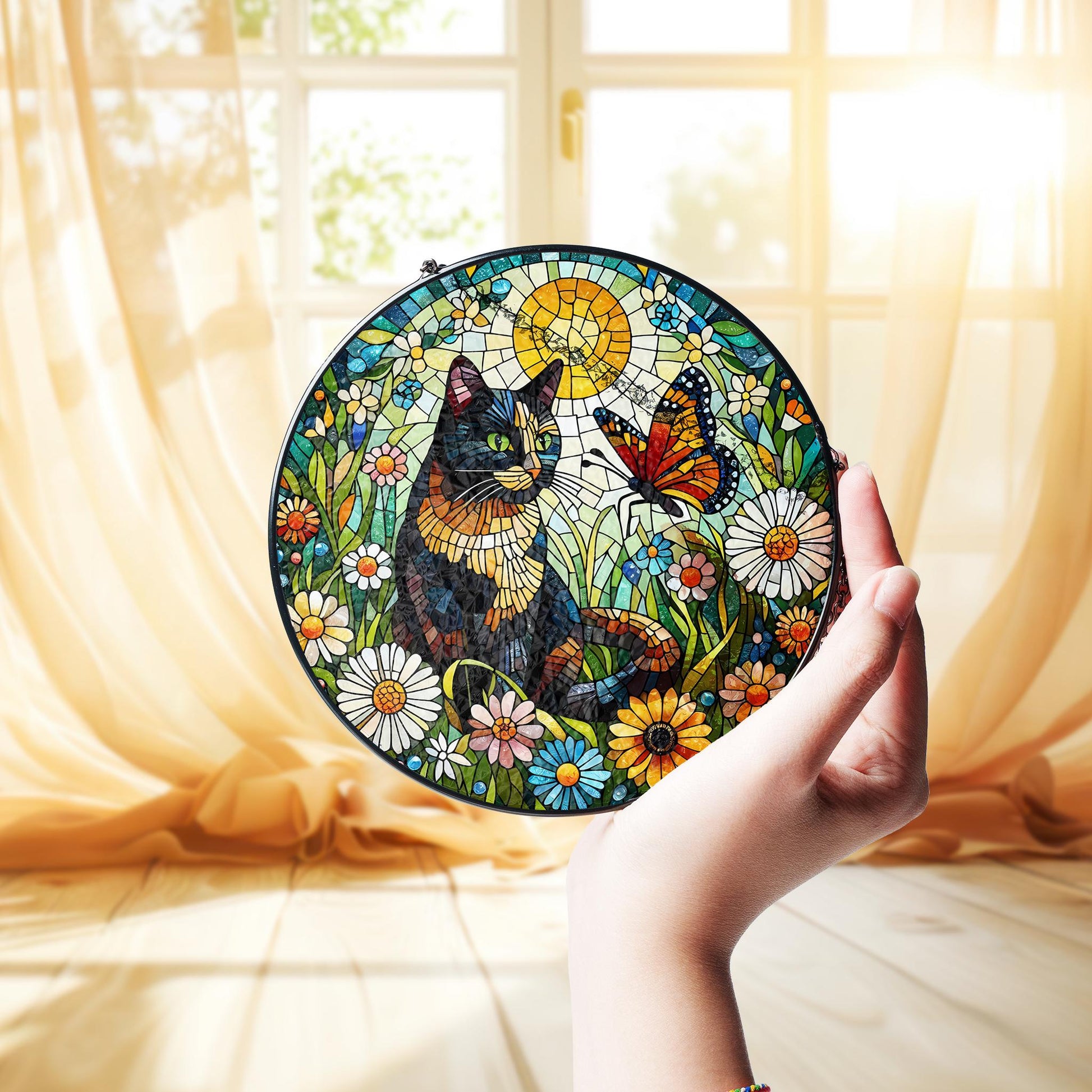 Tortoiseshell cat and butterfly GLASS suncatcher Hanging, charming tortoiseshell cat glass hanging for home decor gift, cat mom gift