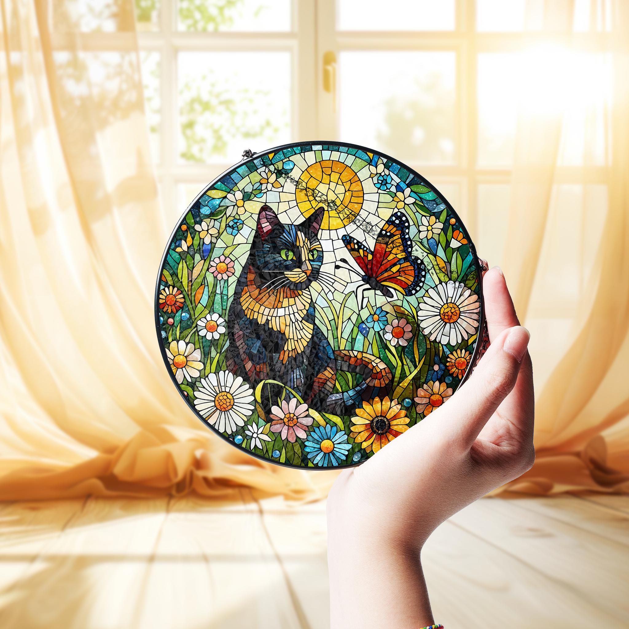 Tortoiseshell cat and butterfly GLASS suncatcher Hanging, charming tortoiseshell cat glass hanging for home decor gift, cat mom gift
