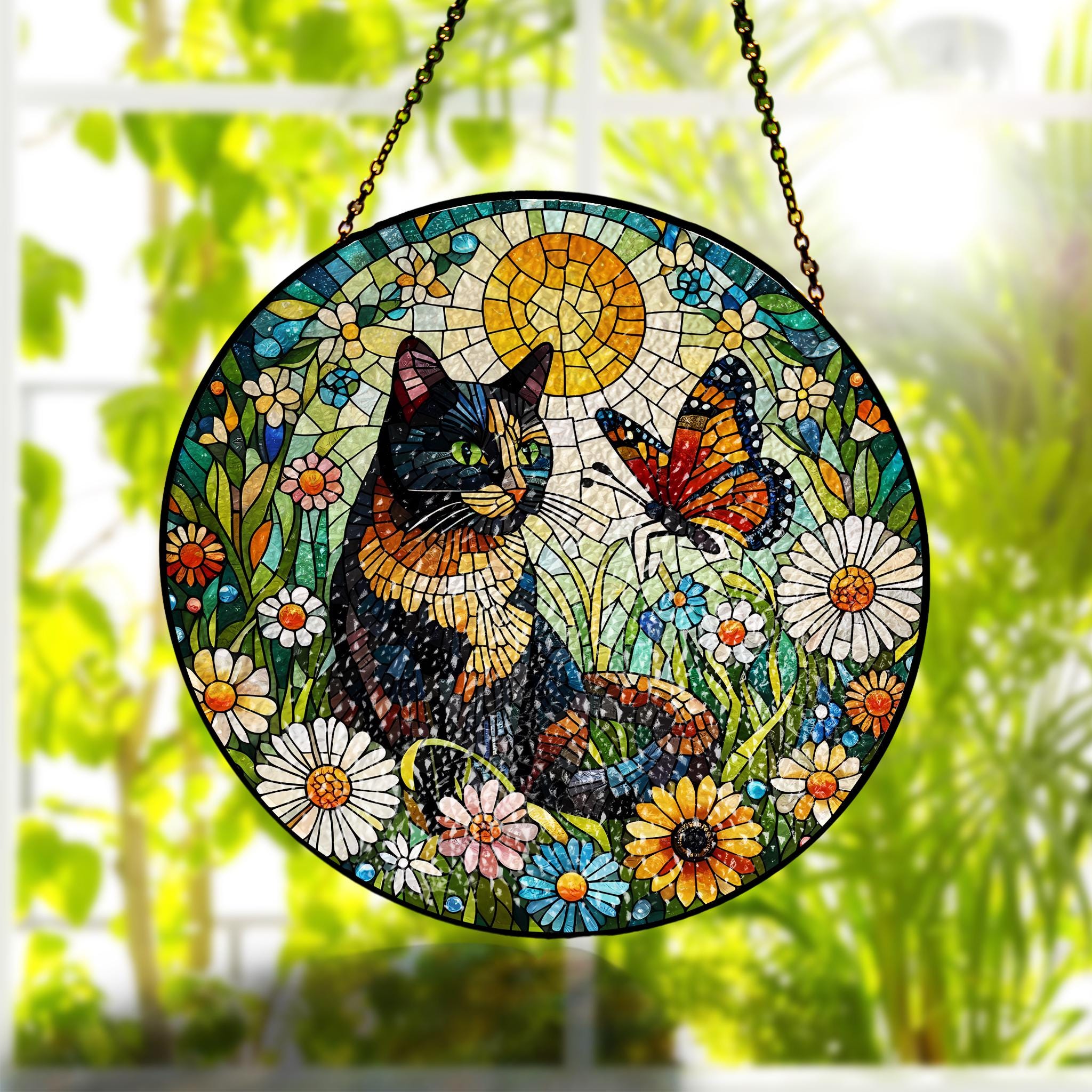 Tortoiseshell cat and butterfly GLASS suncatcher Hanging, charming tortoiseshell cat glass hanging for home decor gift, cat mom gift