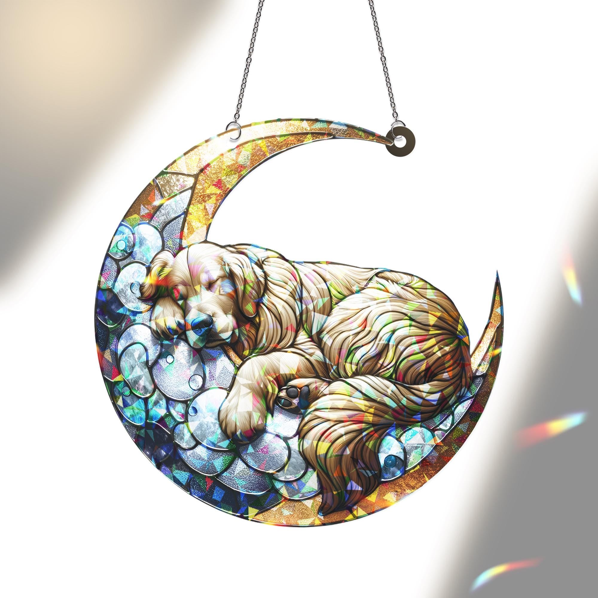 ACRYLIC Hologram Golden Retriever Sleeping on Crescent Moon Window Hanging, Dog Lover Gift, Dog Mom Gift, Suncatcher Decor