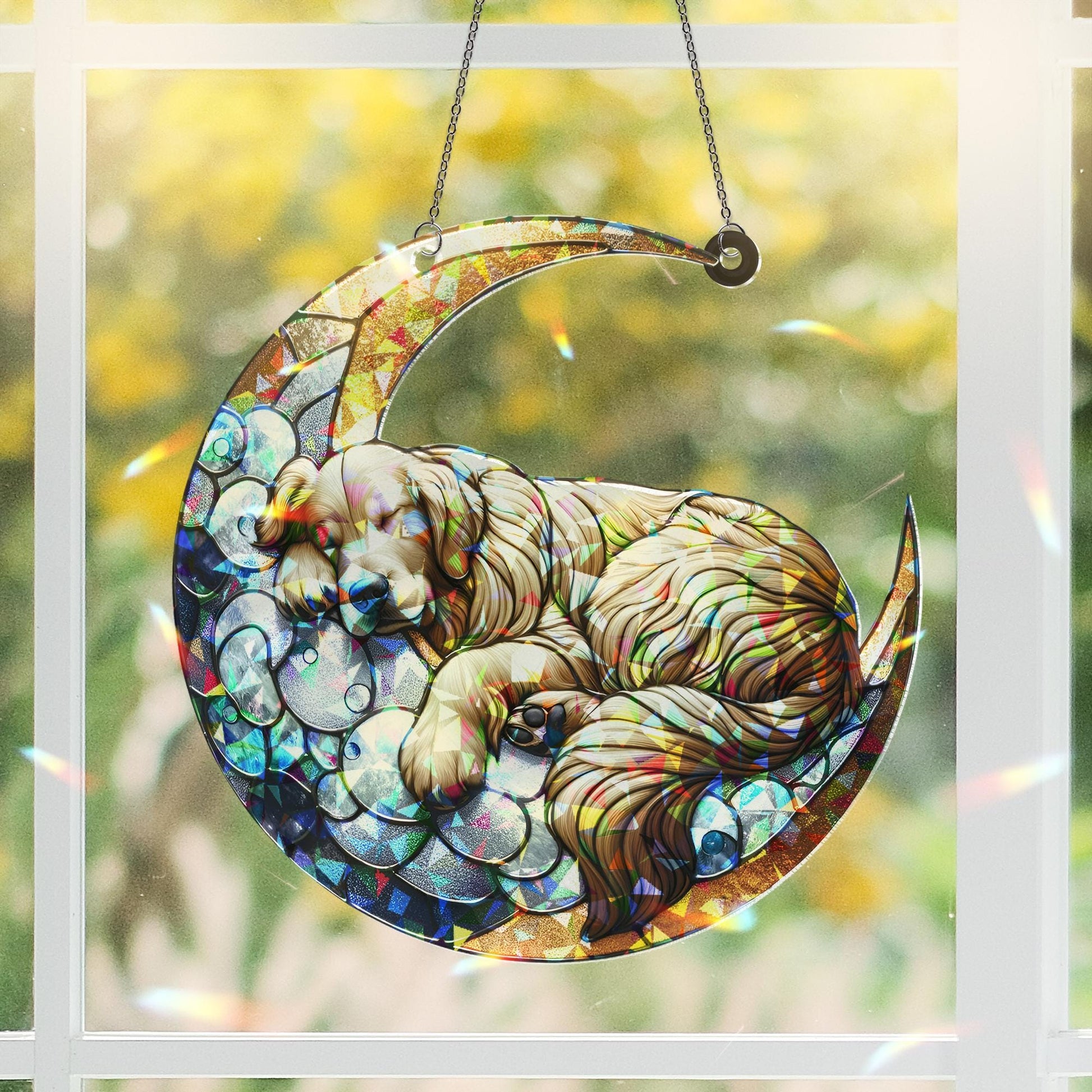 ACRYLIC Hologram Golden Retriever Sleeping on Crescent Moon Window Hanging, Dog Lover Gift, Dog Mom Gift, Suncatcher Decor