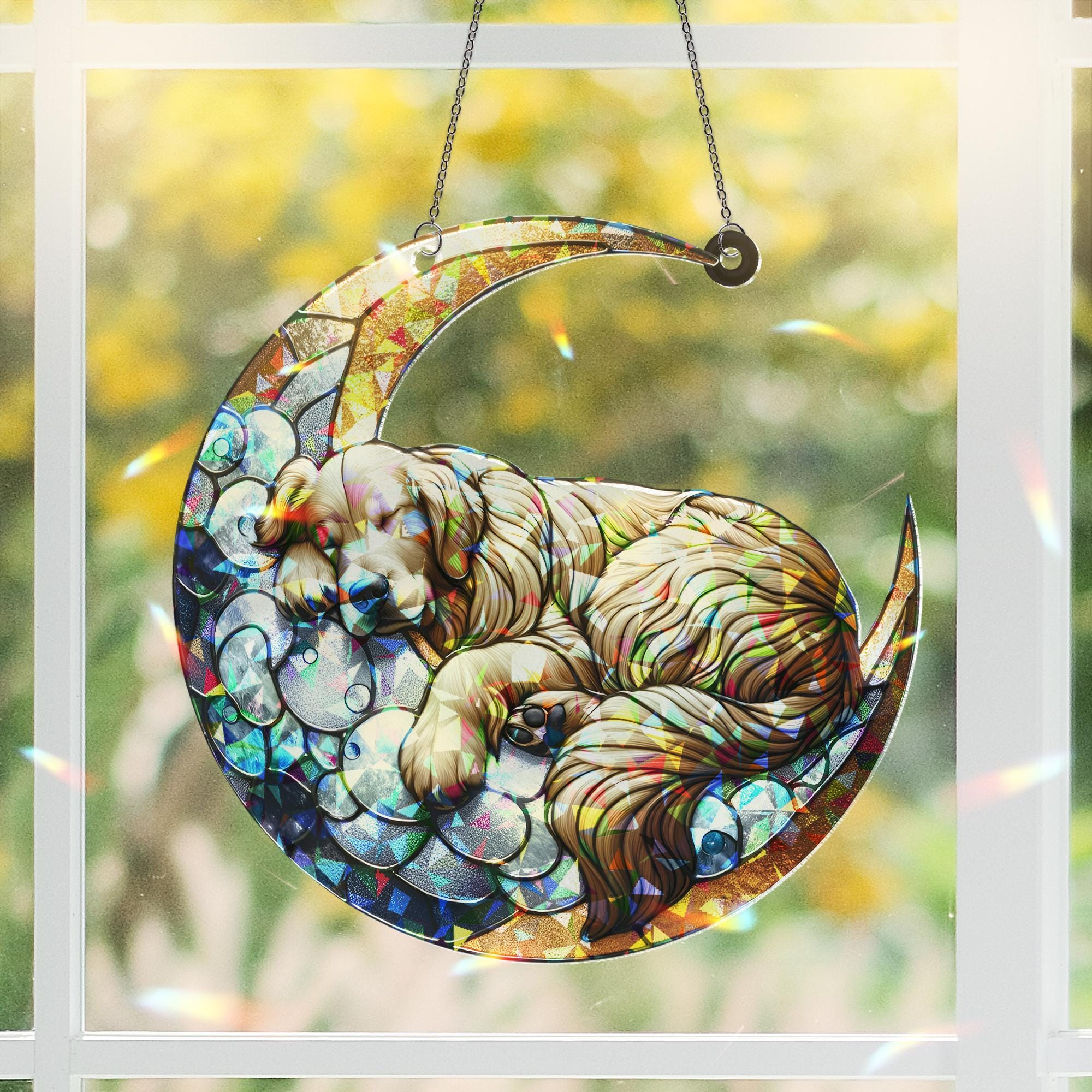 ACRYLIC Hologram Golden Retriever Sleeping on Crescent Moon Window Hanging, Dog Lover Gift, Dog Mom Gift, Suncatcher Decor