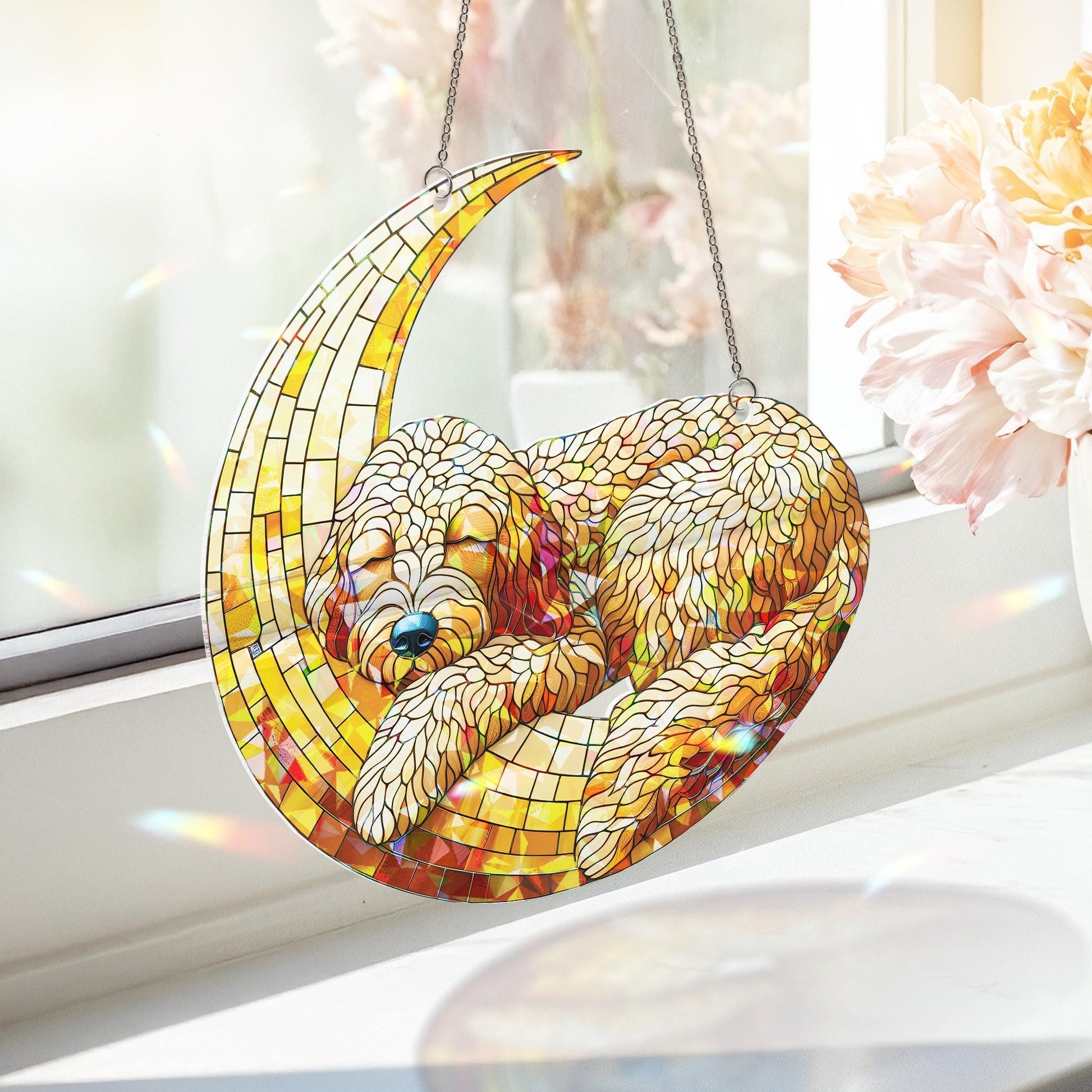 ACRYLIC Hologram Golden Doodle Sleep on Crescent Moon Window Hanging, Dog Lover Gift, Adorable Suncatcher Decor for Dog Moms