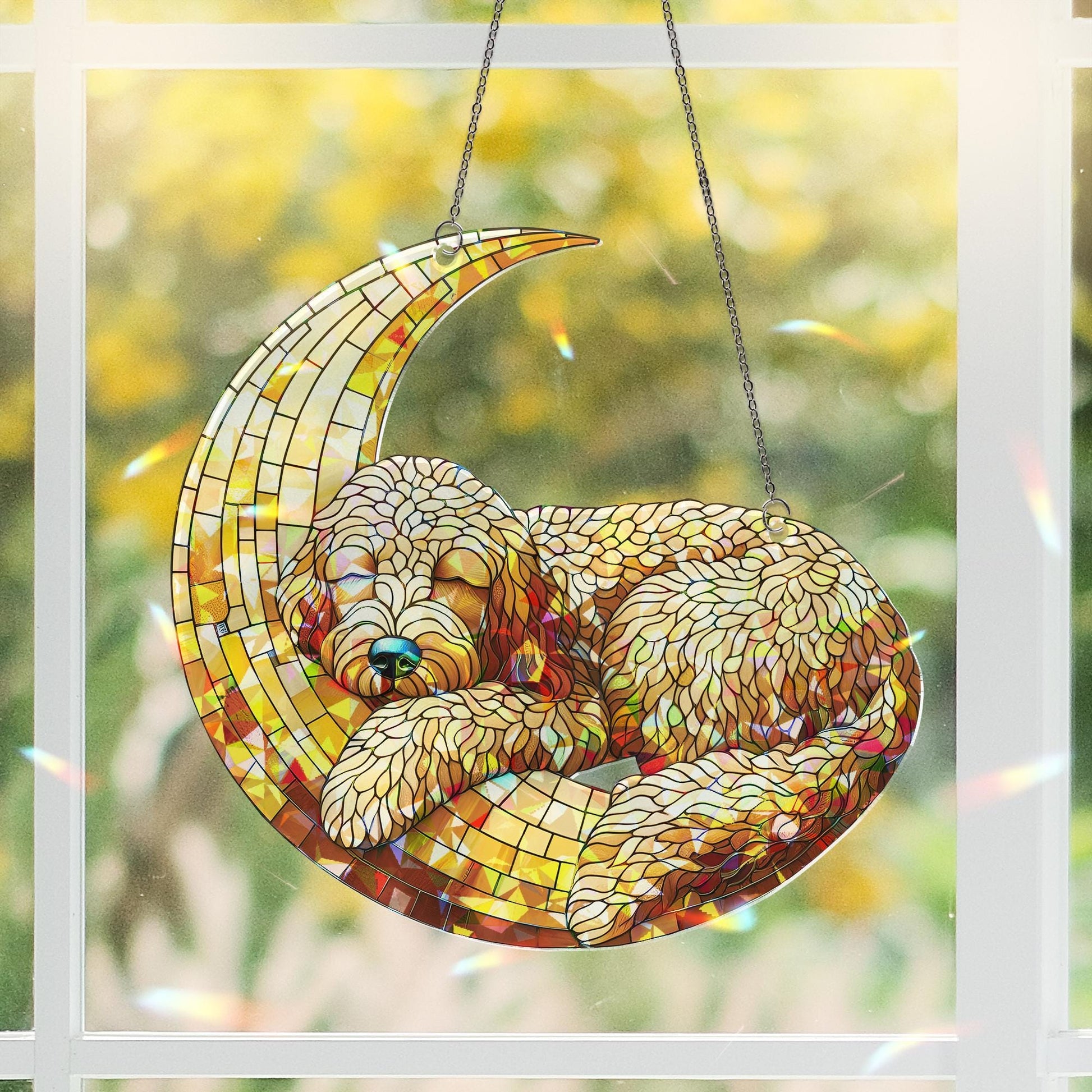 ACRYLIC Hologram Golden Doodle Sleep on Crescent Moon Window Hanging, Dog Lover Gift, Adorable Suncatcher Decor for Dog Moms