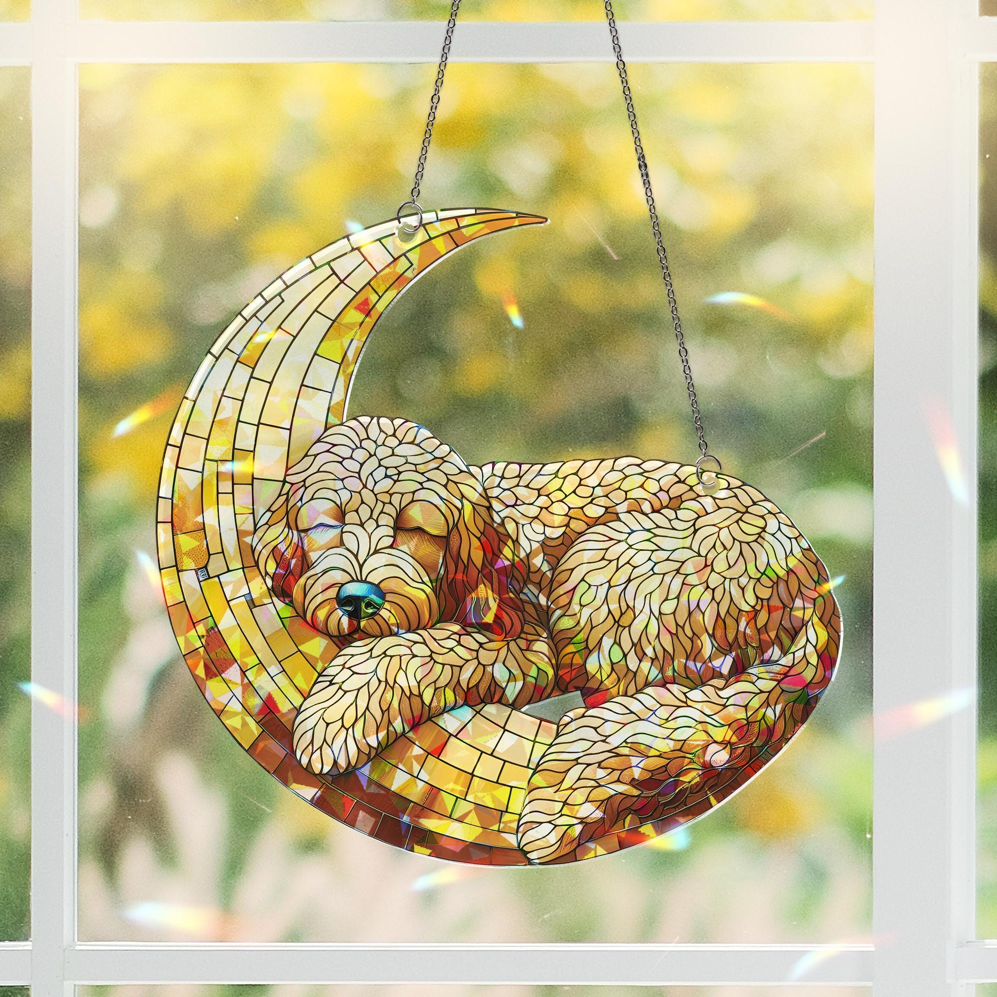 ACRYLIC Hologram Golden Doodle Sleep on Crescent Moon Window Hanging, Dog Lover Gift, Adorable Suncatcher Decor for Dog Moms