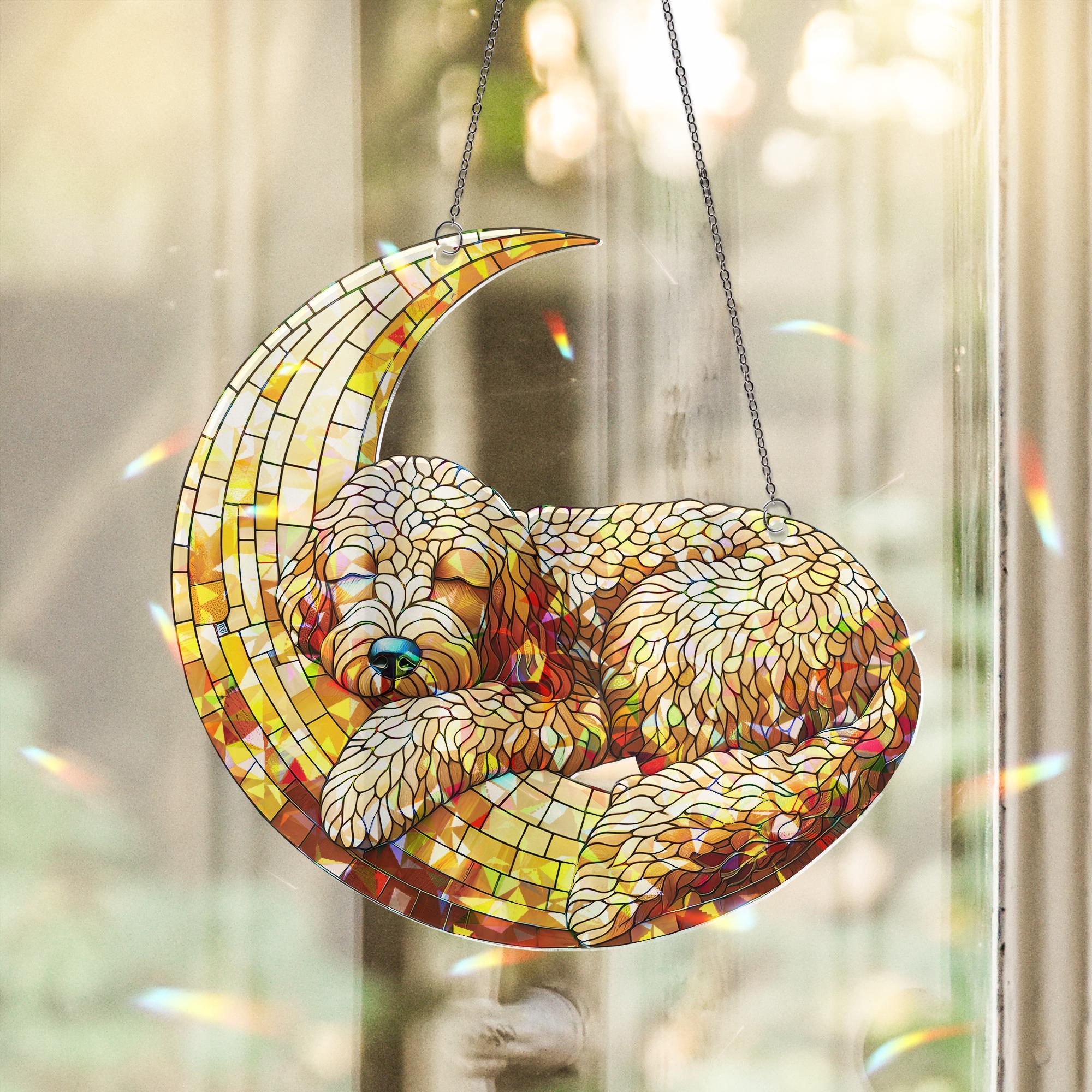 ACRYLIC Hologram Golden Doodle Sleep on Crescent Moon Window Hanging, Dog Lover Gift, Adorable Suncatcher Decor for Dog Moms