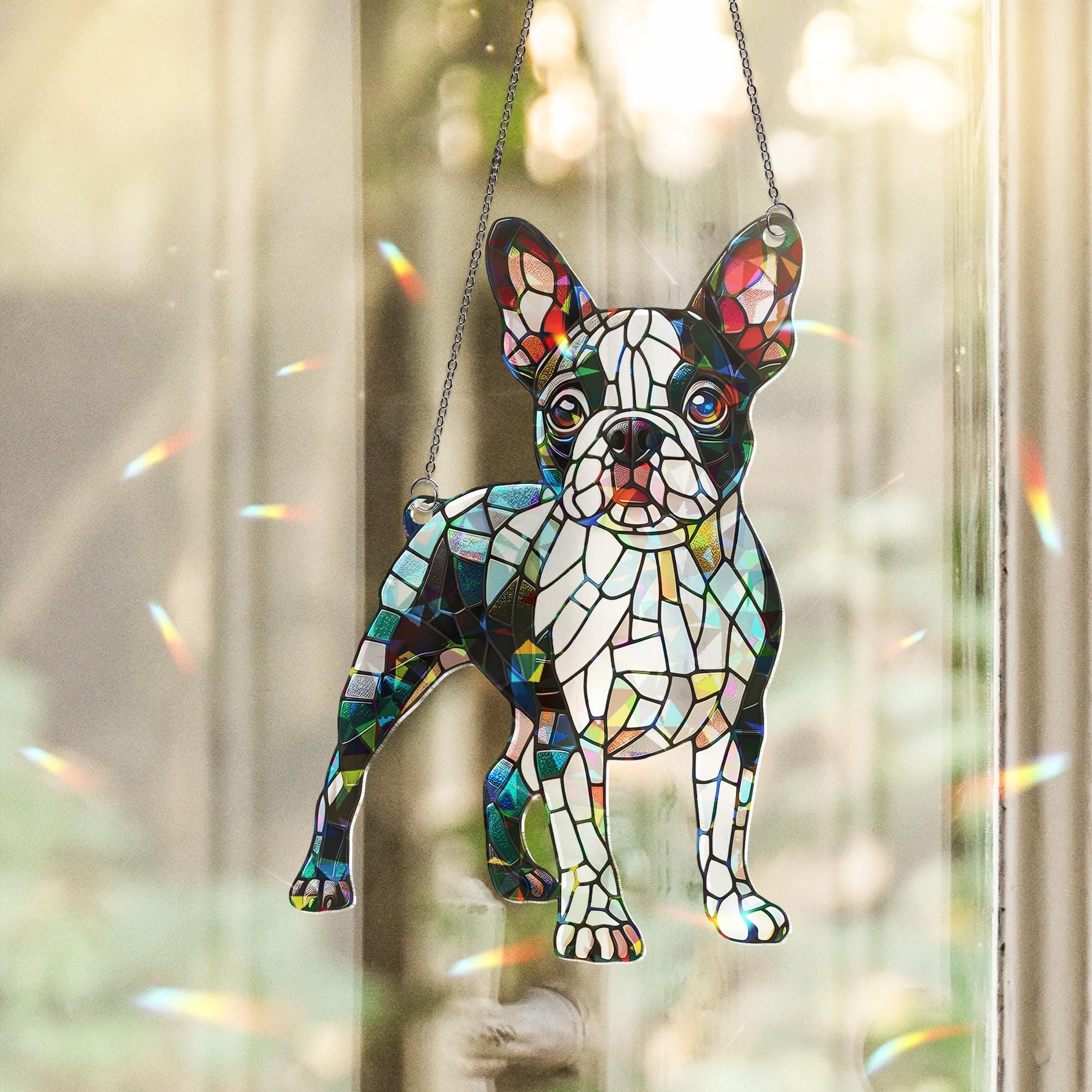 ACRYLIC Hologram Boston terrier Window Hanging, colorful dog lover decor, suncatcher gift for dog moms, perfect home accent