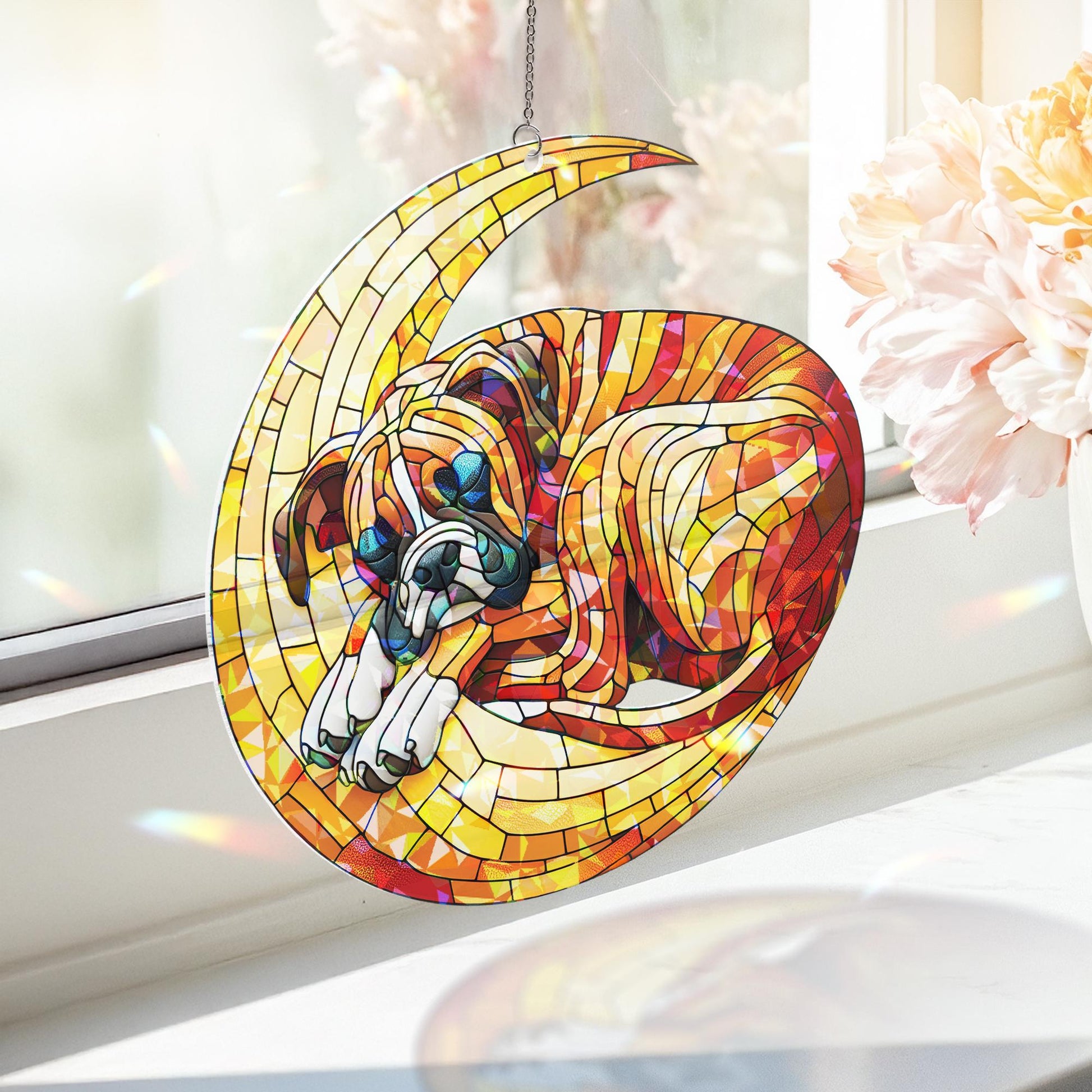 ACRYLIC Hologram Boxer dog  Sleep on Crescent Moon Window Hanging, Dog Lover Gift, Adorable Suncatcher Decor for Dog Moms